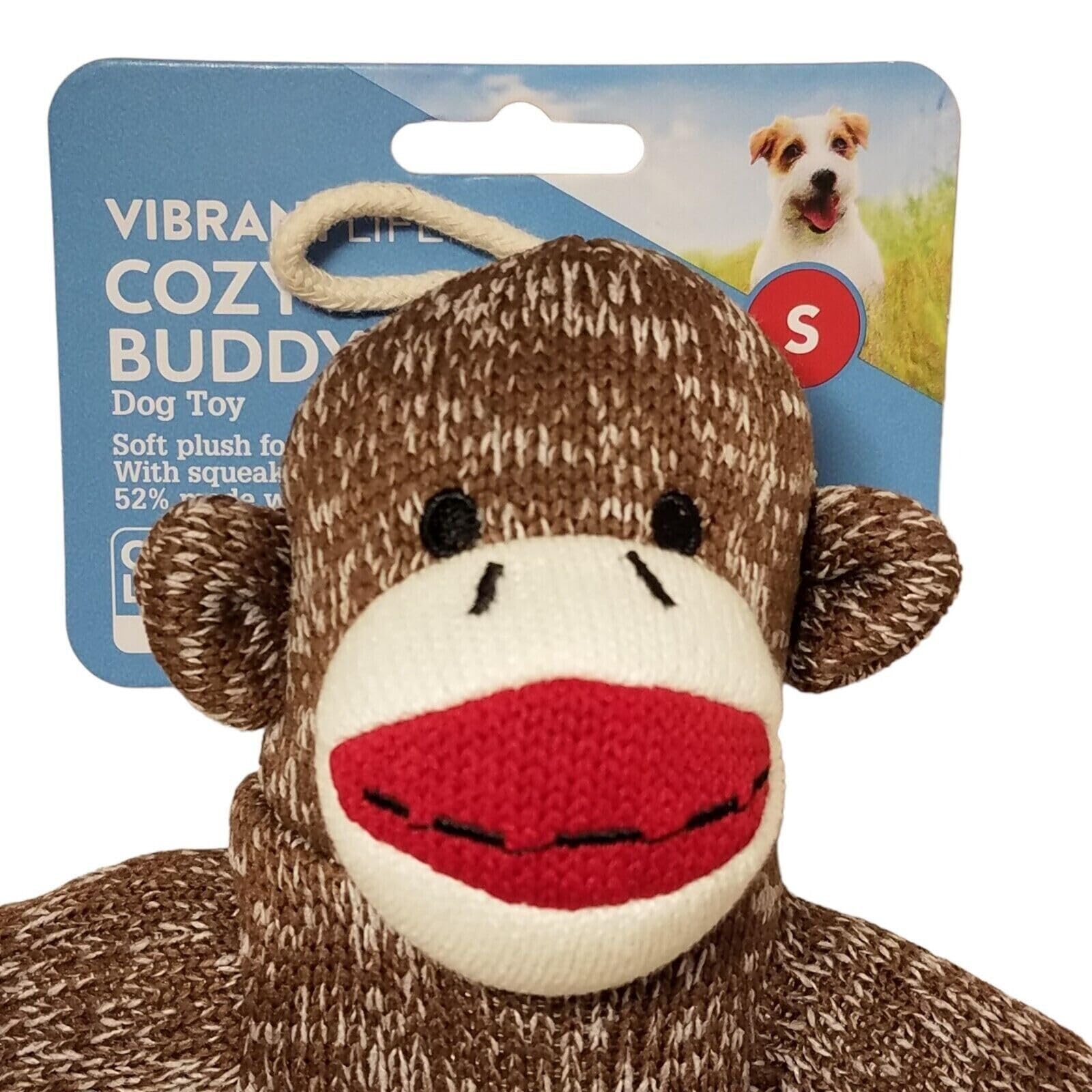 Vibrant Life Playful Buddy Sock Monkey Squeaky Dog Toy For Small To Medium Size Dogs, Colors May Vary, Washable