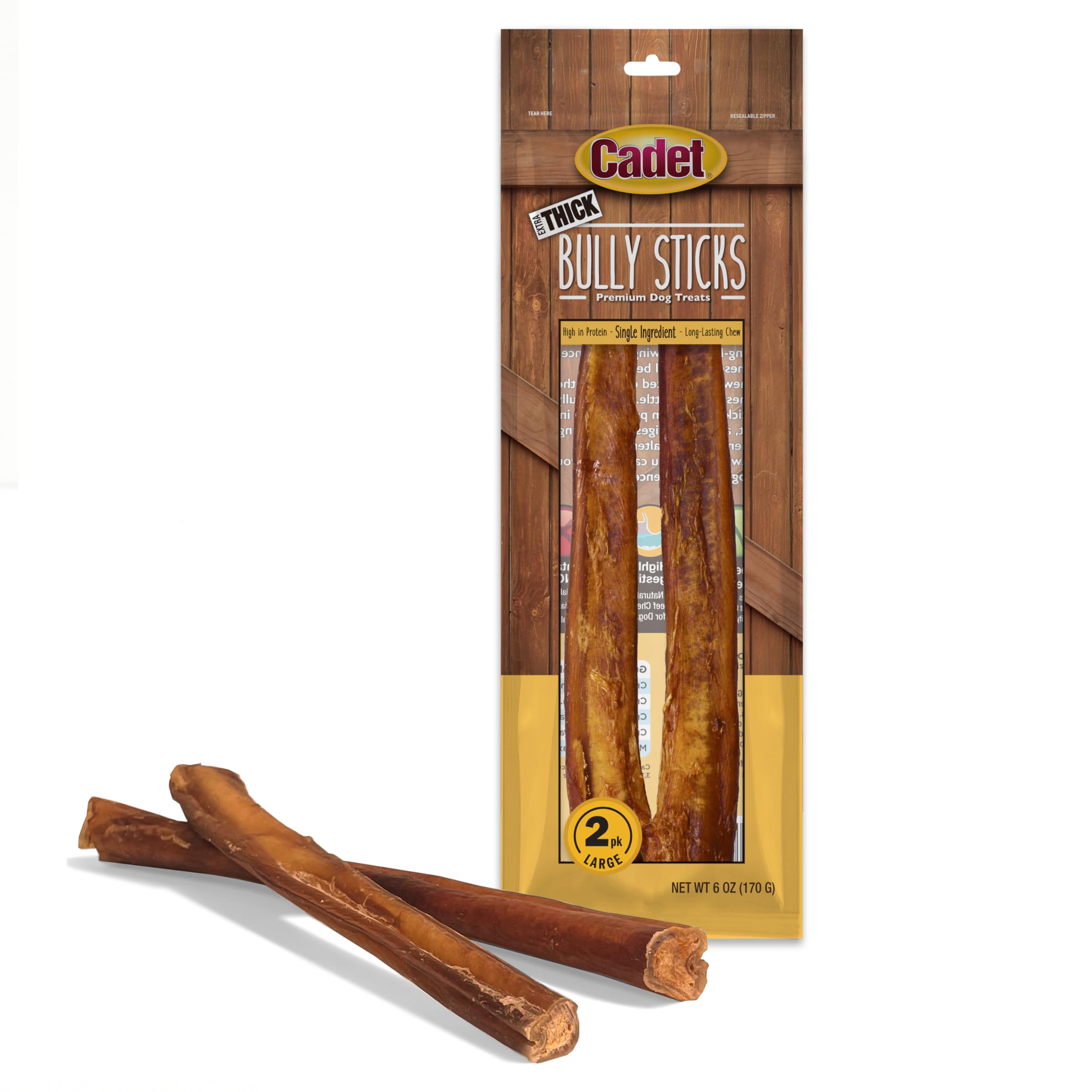 Cadet Bully Sticks for Large Dogs, All-Natural Beef Pizzle, Rawhide-Free Long-Lasting Dog Chews for Aggressive Chewers, Extra-Th