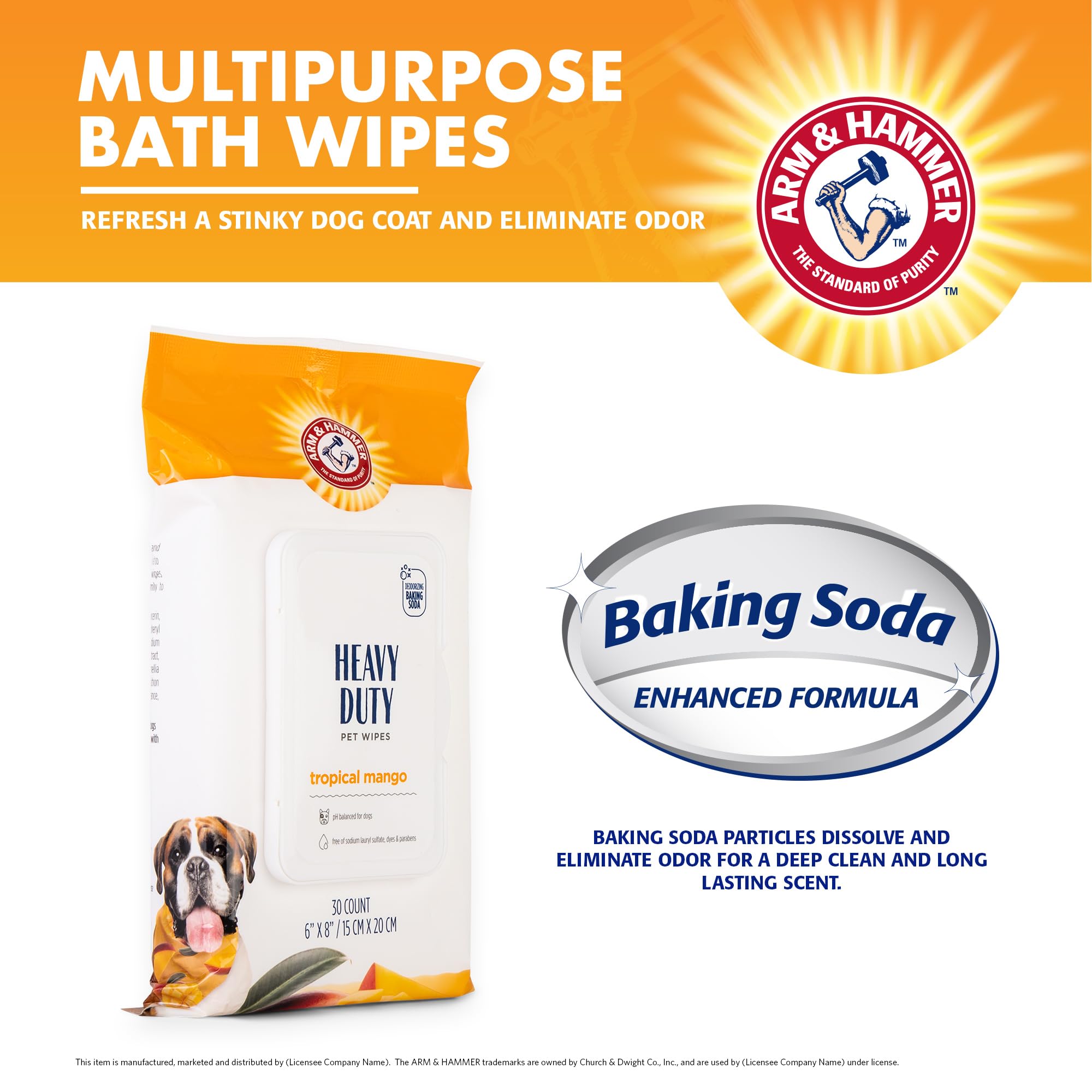 Arm & Hammer For Pets Heavy Duty Multipurpose Bath Wipes For Dogs, Travel Size, Mango Scent | All Purpose Dog Wipes Remove Odor & Refresh Skin For Pets | 30 Ct Pack Of Travel Pet Wipes