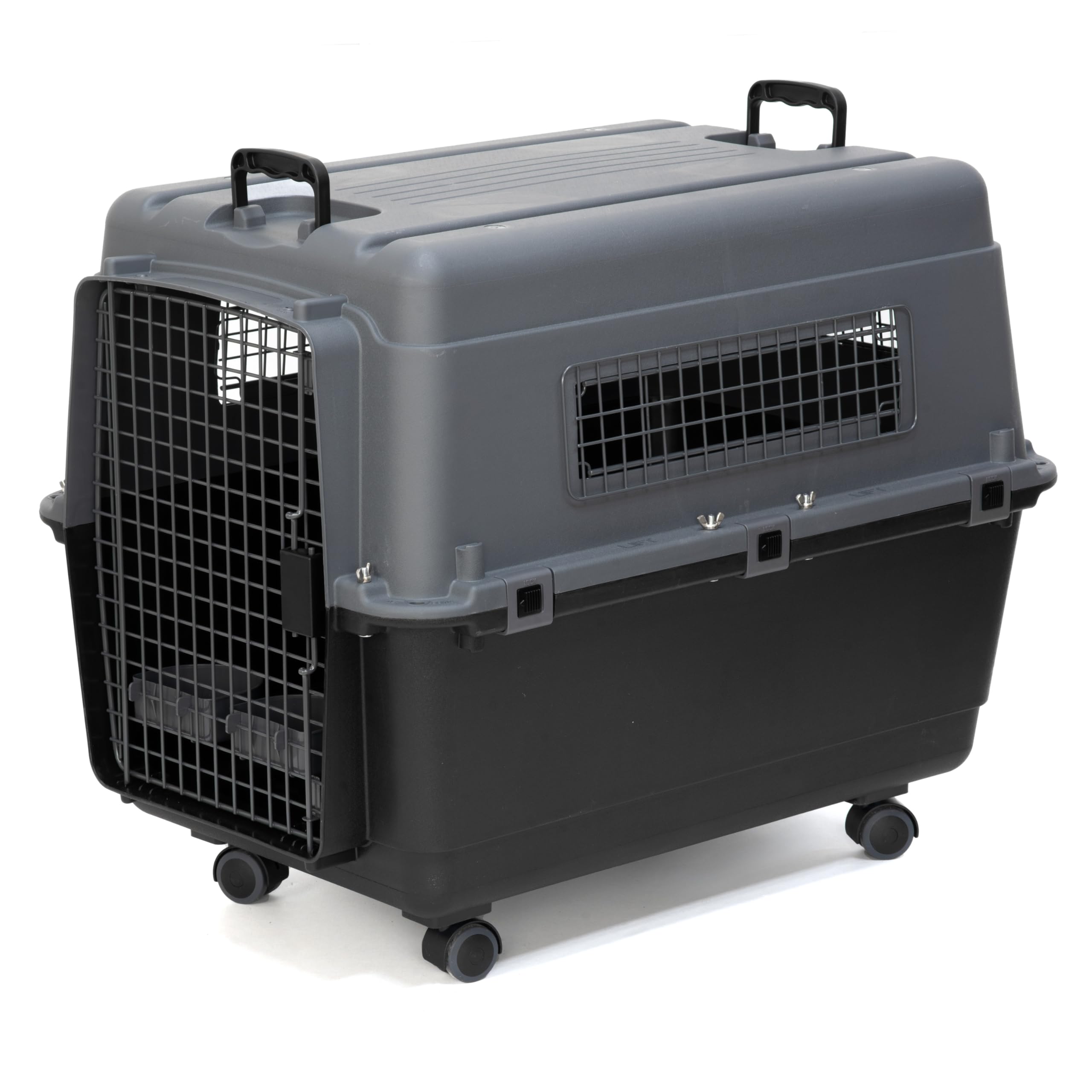 SportPet Airline Approved Wire Door Travel Dog Crate, Durable Plastic Pet Travel Kennel with Removable Wheels,Collapsible, Food 