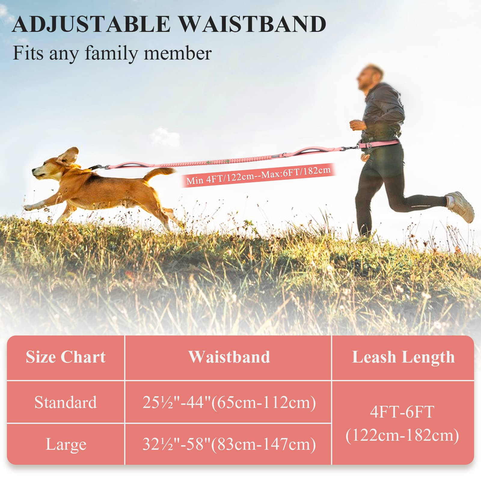Vivaglory Hands-Free Dog Leash, Shock-Absorbing Bungee, Adjustable Waist (32½"~58"), Reflective, Pink/Grey