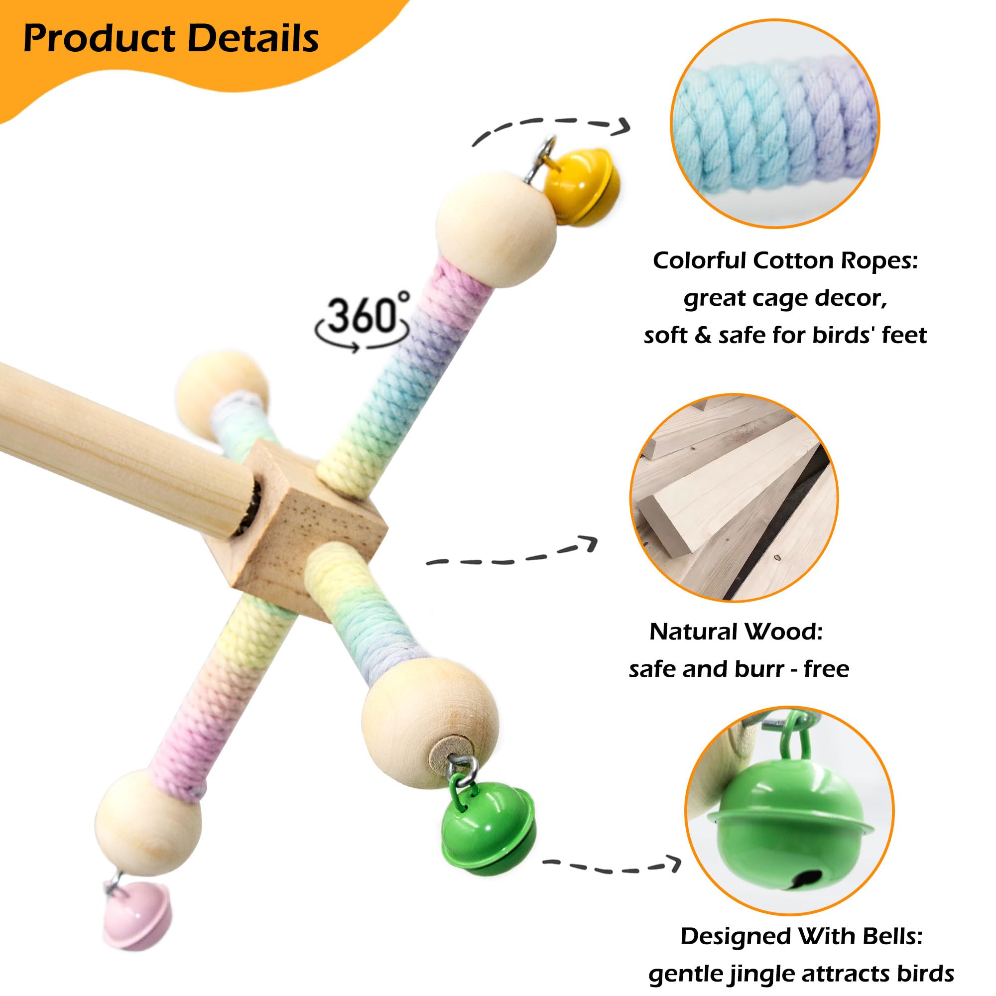 Bird Stand Perch Toy With Bells, Interactive Spinning Parakeet Toys, Wooden Exercise Wheel Parrot Toy, Enrichment Cockatiel Toy