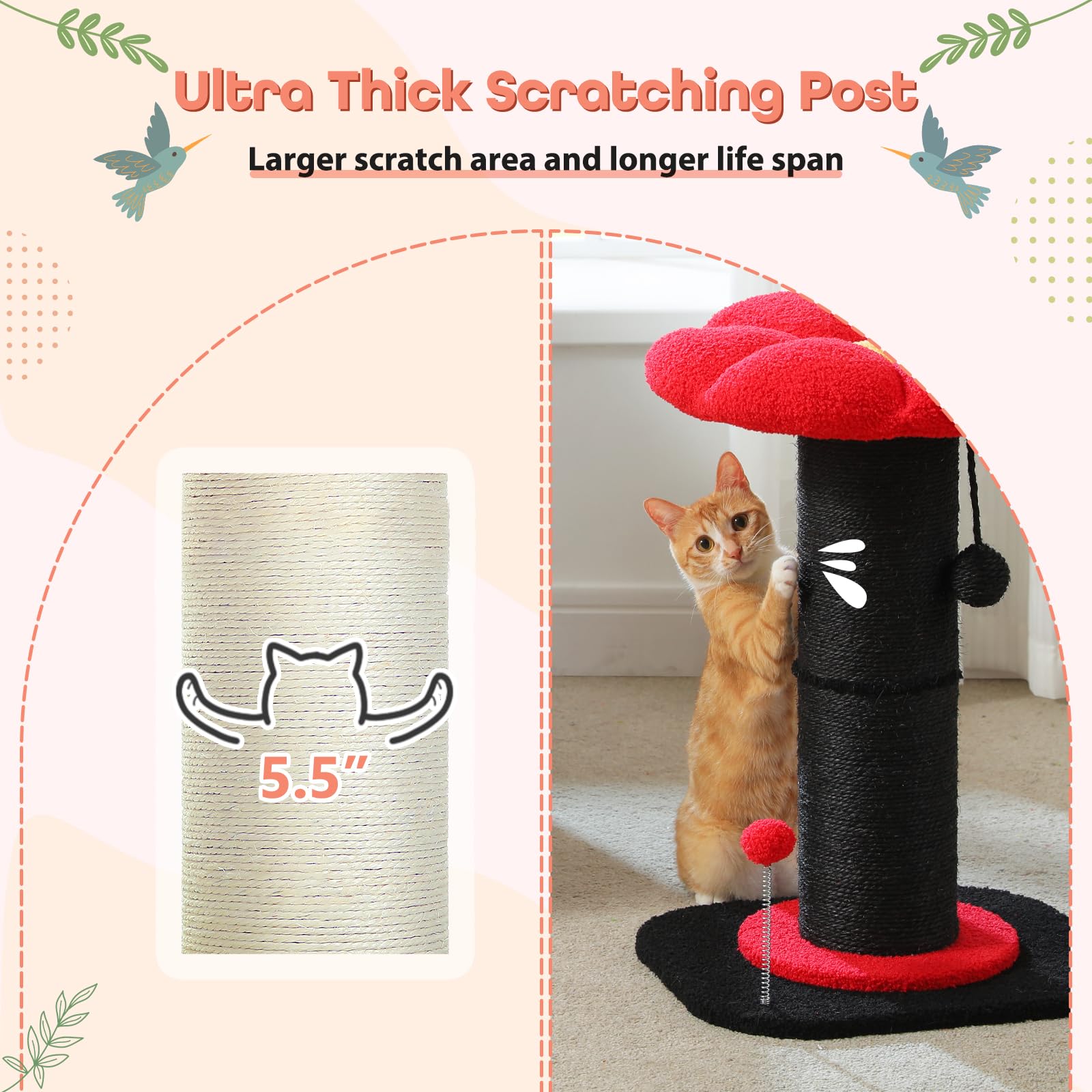 Pequlti Flower Cat Scratching Post, Gothic Cat Tree, Tall Scratcher For Indoor Cats With Super Thick Scratching Post [Dia=5.5'']