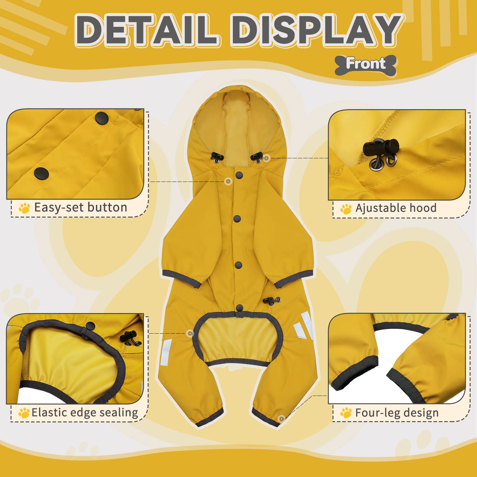 Dog Raincoat, Waterproof Dog Rain Jacket With Hood, Dog Rain Coat With Leash Hole, Reflective Strap For Small Medium Dogs, Lightweight Puppy Clothes(Yellow,L)