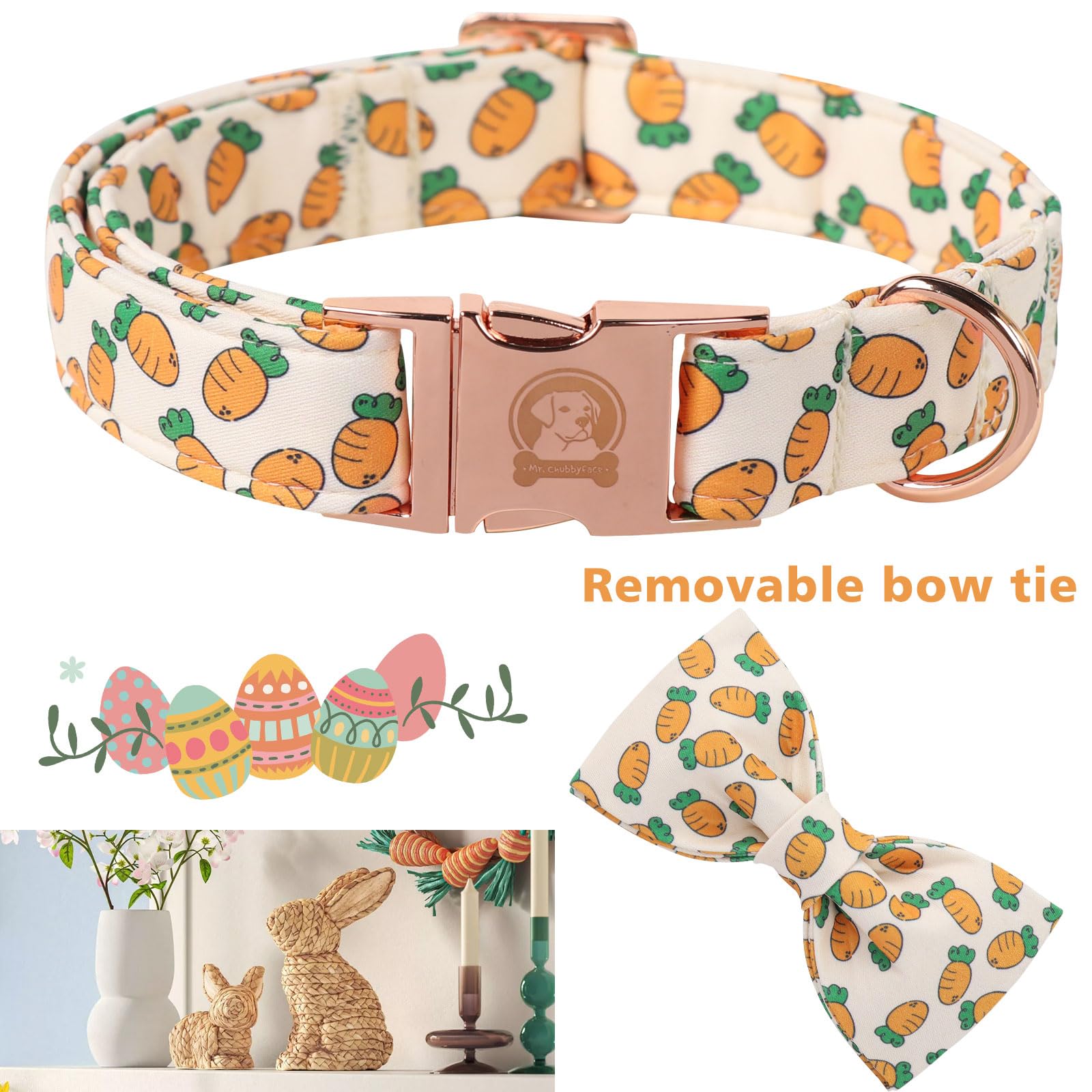 Mr.Chubbyface Easter Dog Collar With Bowtie, Cute Carrot Easter Dog Collar With Metal Buckle,Adjustable Soft Pet Collar For Smal