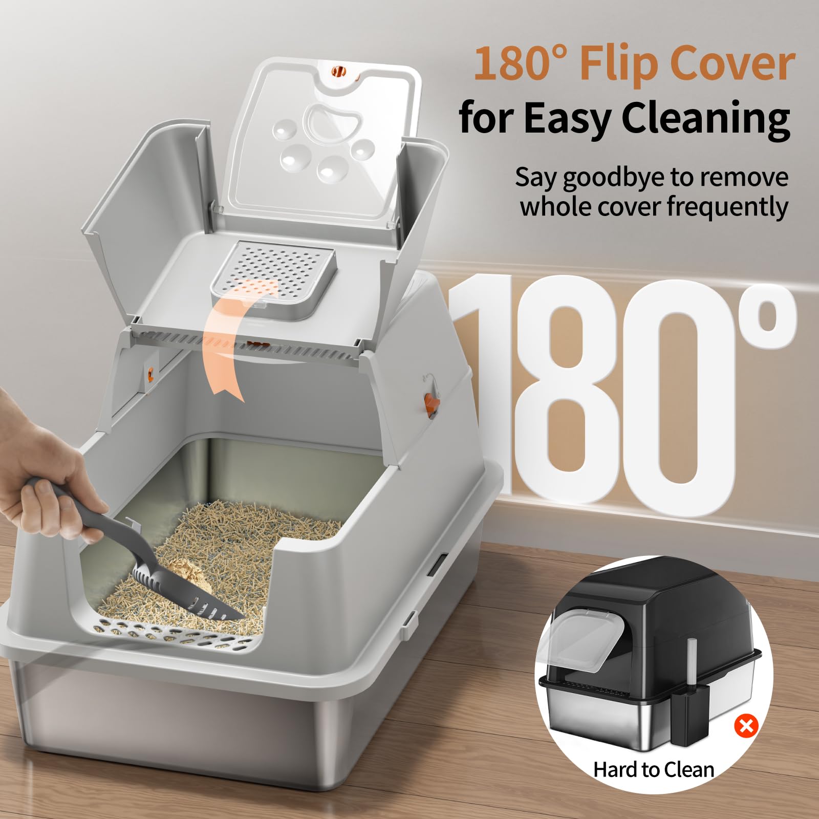 Eosarcu Stainless Steel Cat Litter Box with Lid, 180 Flip-Top XL Extra Large Enclosed Litter Box, Covered Metal High Sided Litte