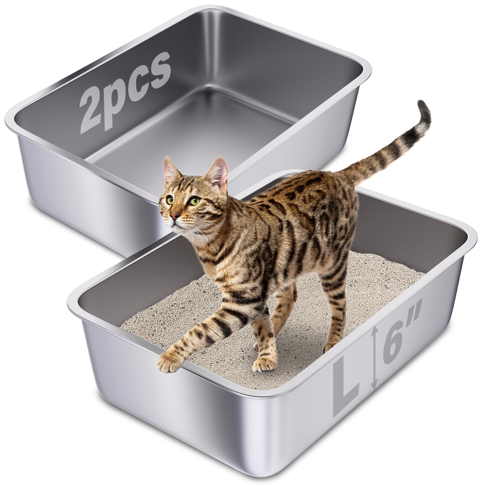 Holintan Stainless Steel Litter Box 2 Pack, 20''X14''X6''(Height) Large Metal Litter Box, Easy To Clean, Non Stick No Smell Cat 
