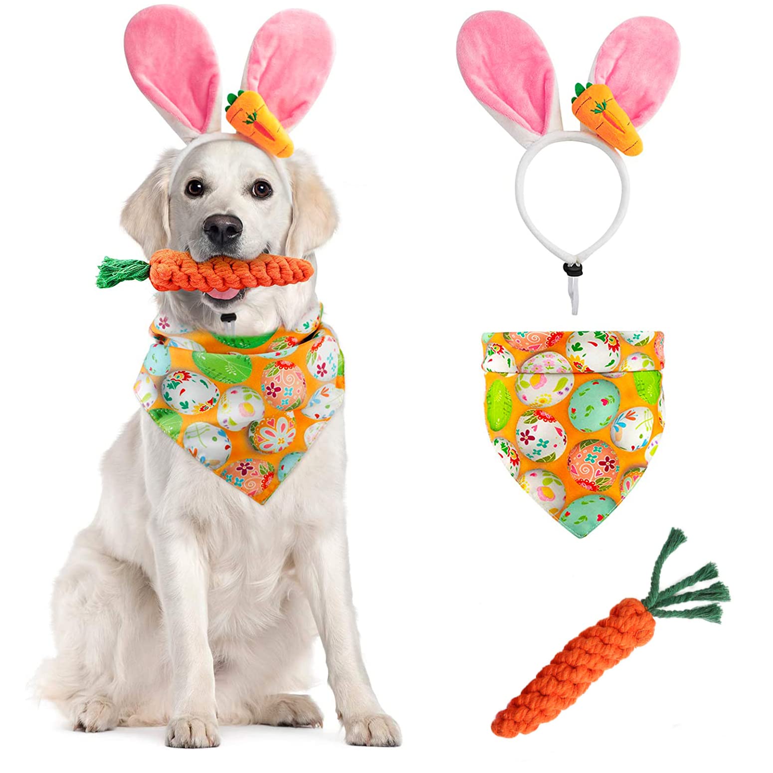 Dog Easter Costume Cute Bunny Ears Headband Easter Eggs Bandana Puppy Funny Rabbit Carrot Chew Toys 3Pcs Easter Party Gifts Medi