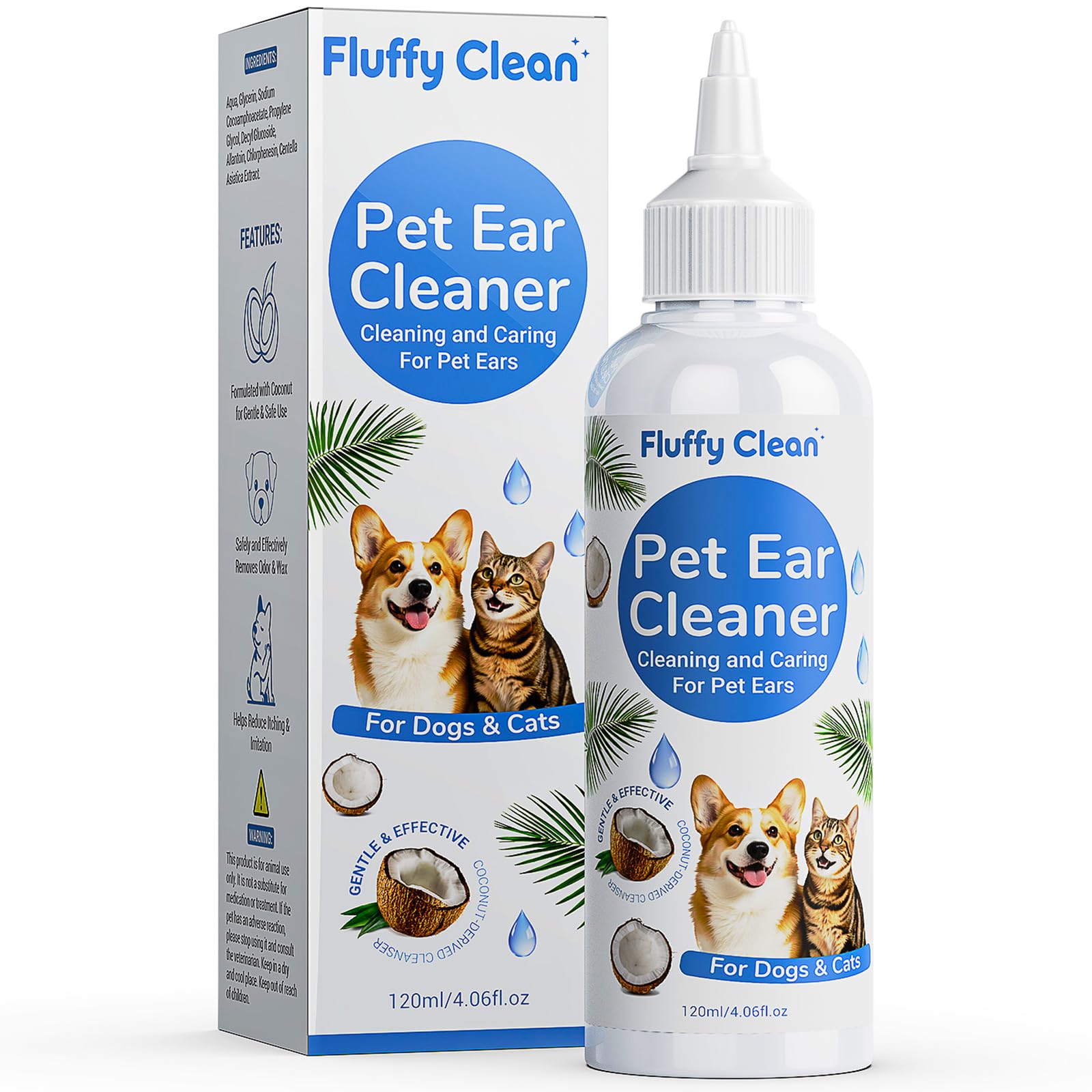 Fluffy Clean Dog Ear Cleaner - Pet Ear Wash, Flush and Drop Cleaner Solution for Cat & Dog Infection and Itch Relief, Gently Rem