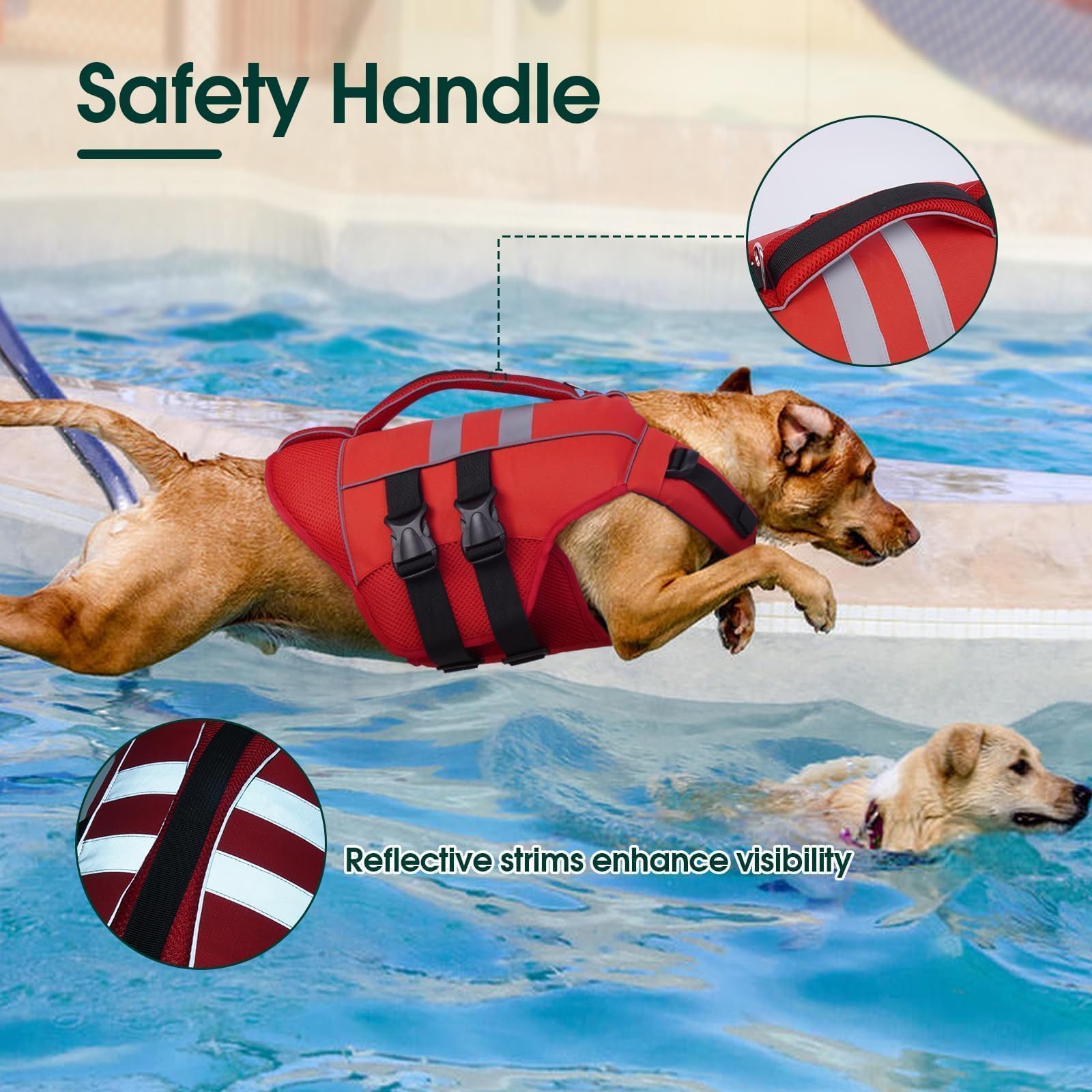 Kuoser Xl Dog Life Jacket, Large High Flotation Dog Life Vest For Swimming Boating, Reflective Dog Swimming Vest Pet Life Preser