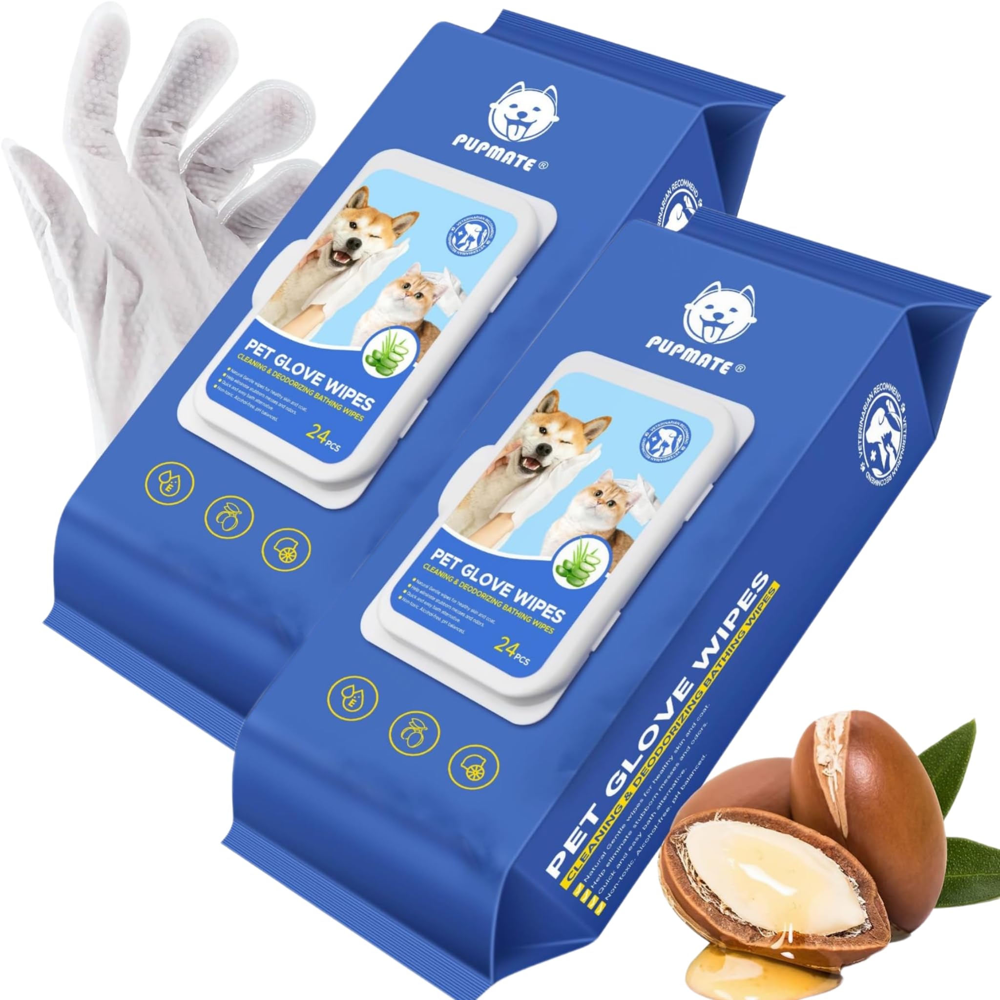 Pupmate Pet Cleaning Glove Wipes For Dogs & Cats, Hypoallergenic Deodorizing Disposable No-Rinse Grooming Wipes, Extra Thick Bat