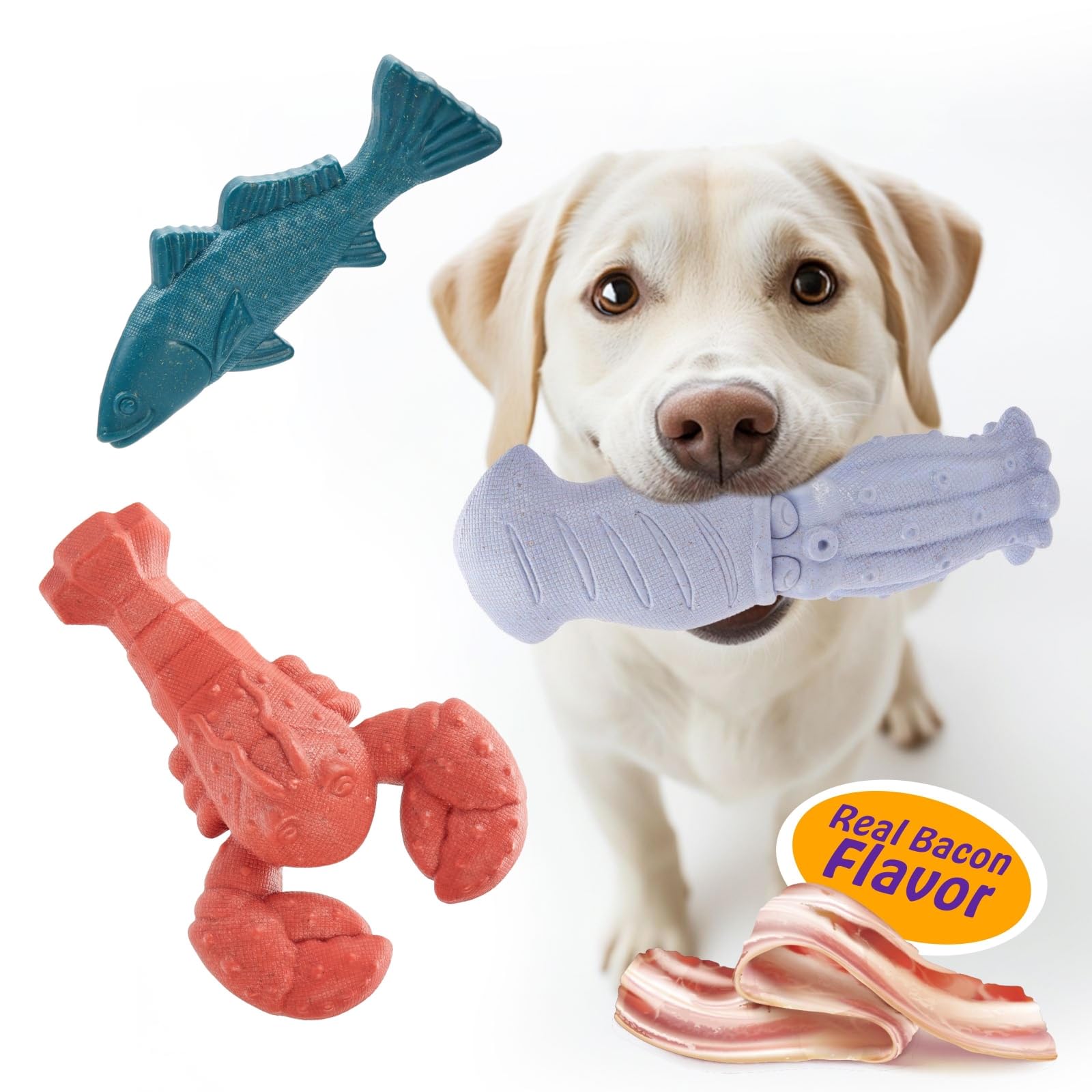 Kimee Dog Toys for Aggressive Chewers, 3 Pack Indestructible Dog Chew Toys, Super Chewer Toys with Tough Nylon Bacon Flavor for 