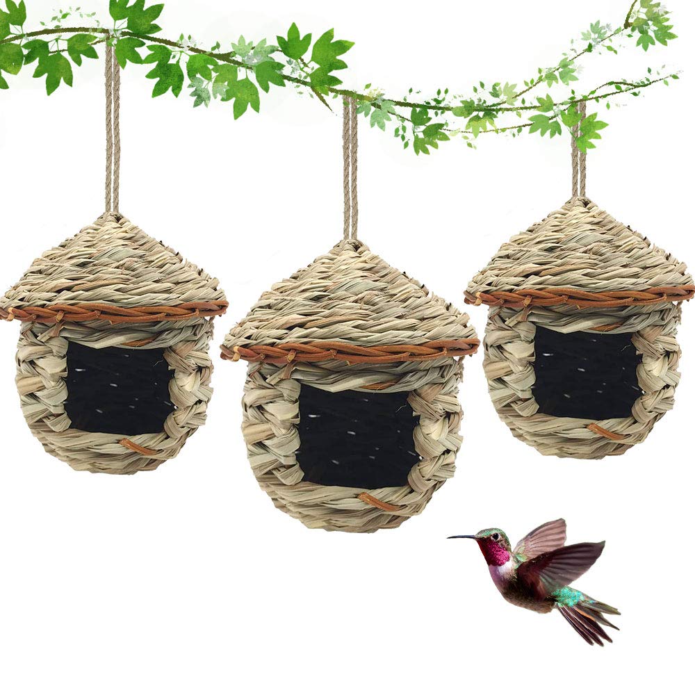 3 Pack Hummingbird House, Hand Woven Bird Nest for Outdoors Hanging, Small Grass Bird Houses for Outside, Natural Fiber Bird Hut