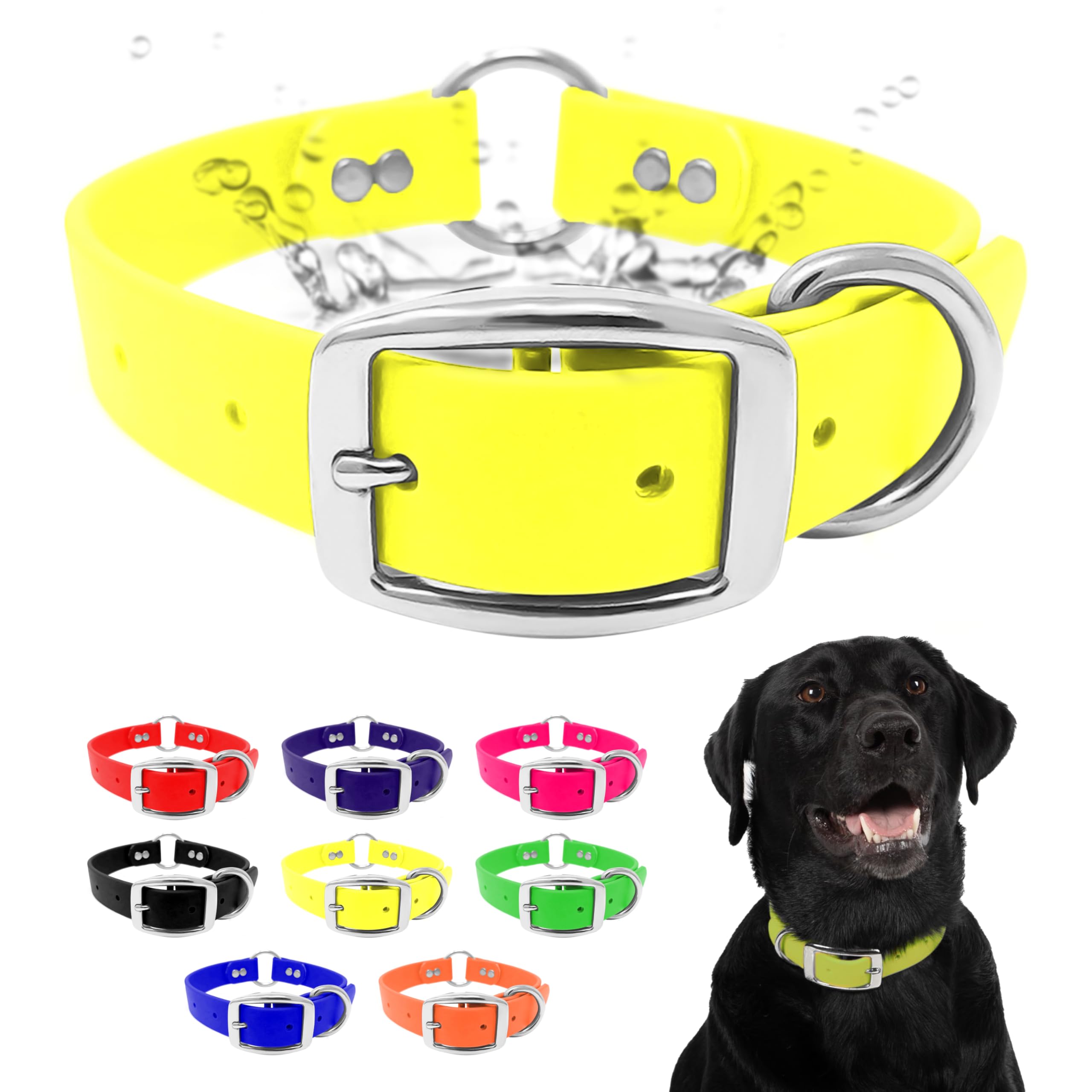Regal Dog Products Medium Yellow Dog Collar With Heavy Duty Double Buckle & D Ring | Vinyl Coated, Custom Fit, Adjustable Biotha