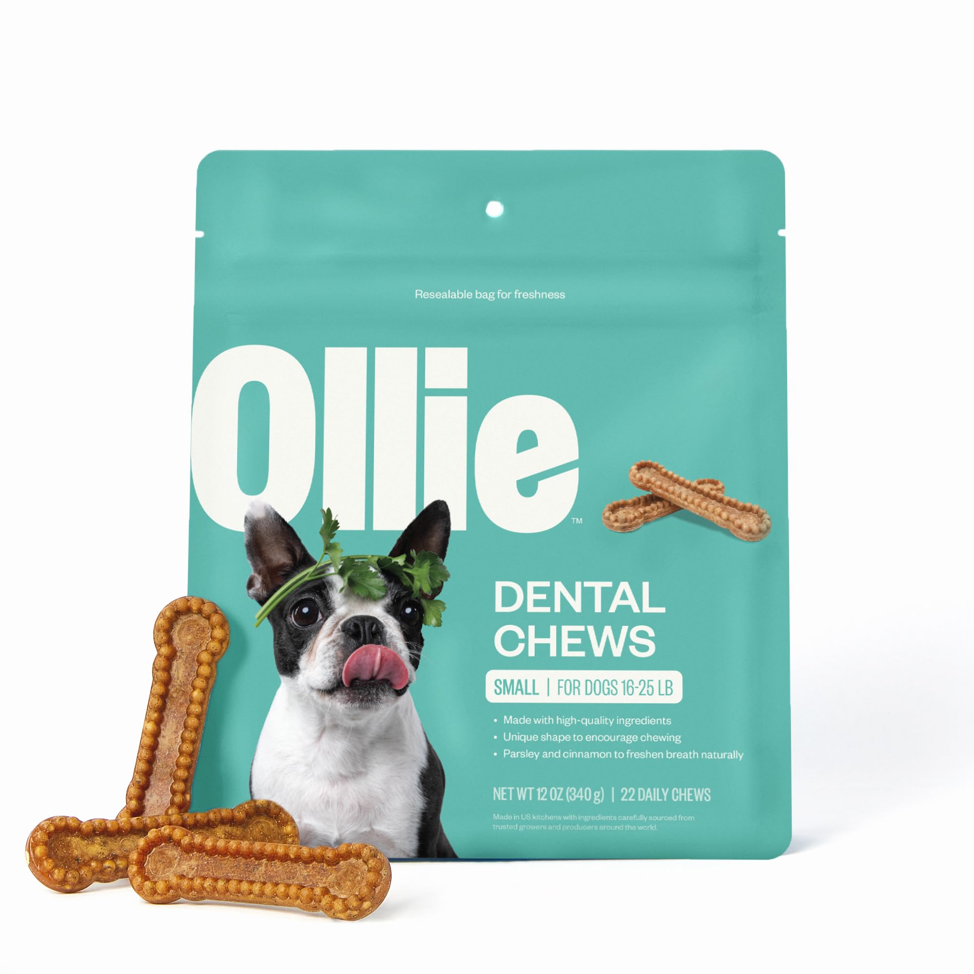 Ollie Dental Chews for Small Dogs, 12 Oz, Fresh Breath, Teeth Cleaning Treats, Sticks for Dog Oral Care, with Parsley and Cinnim