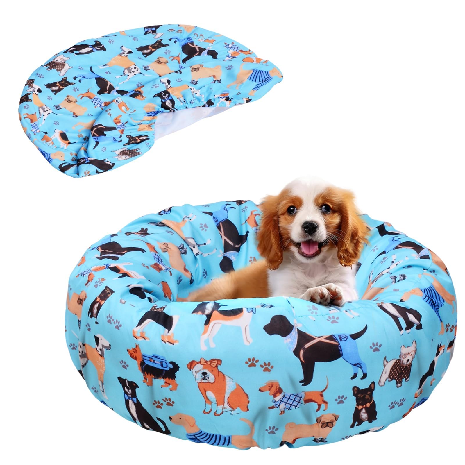 Hoopttay Round Replacement Dog Bed Covers Elastic Edged Washable Pet Bed Protector with Cute Dog Pattern Design for Small & Medi