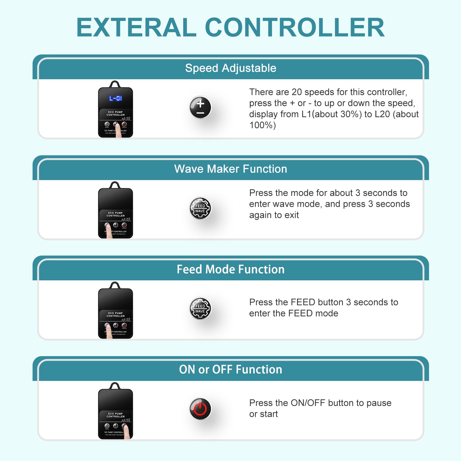 JEREPET 320GPH Mini Aquarium DC Water Pump with Controller, DC24V 12W Submersible Return Pump for Fish Tank,for 20g to 50g nano