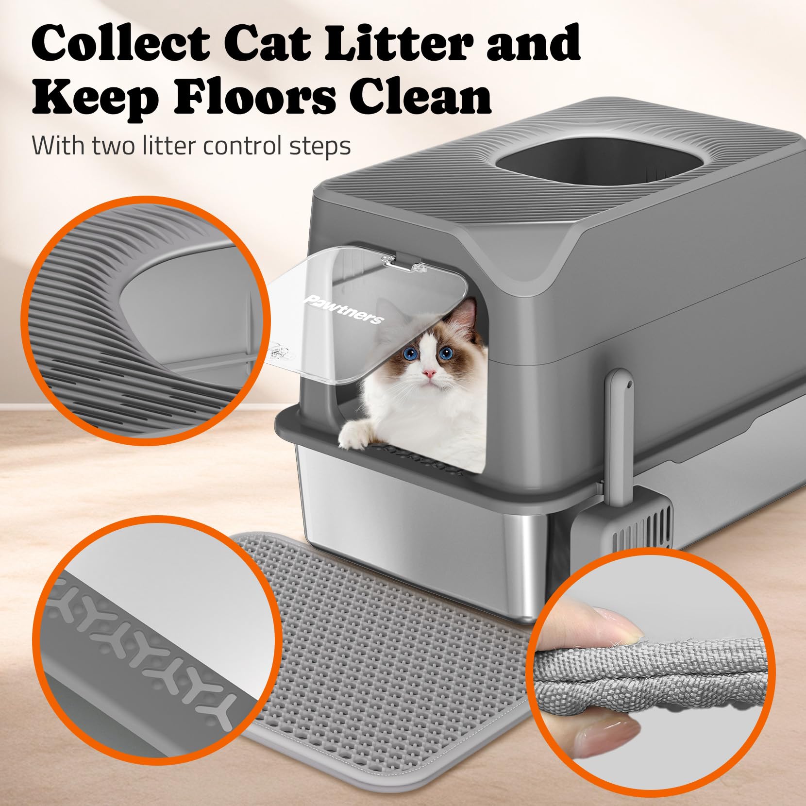 Pawtners Stainless Steel Cat Litter Box, Xl Extra Large Enclosed Kitty Litter Pan, Front Entry Top Exit Hooded Metal Cat Toilet