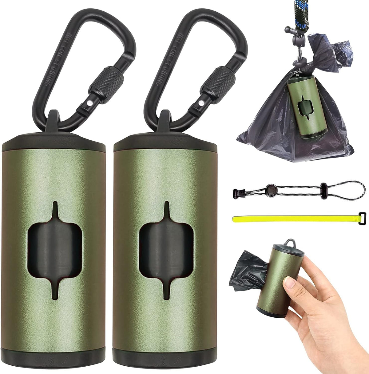 Shaouman 2 Pack Metal Dog Poop Bags Holder Aluminum Poo Bags Dispenser With 30 Black Unscented Pet Waste Bags And 3 Leash Accessories For Dog Walking(2 Holders 30 Bags,Dark Green)