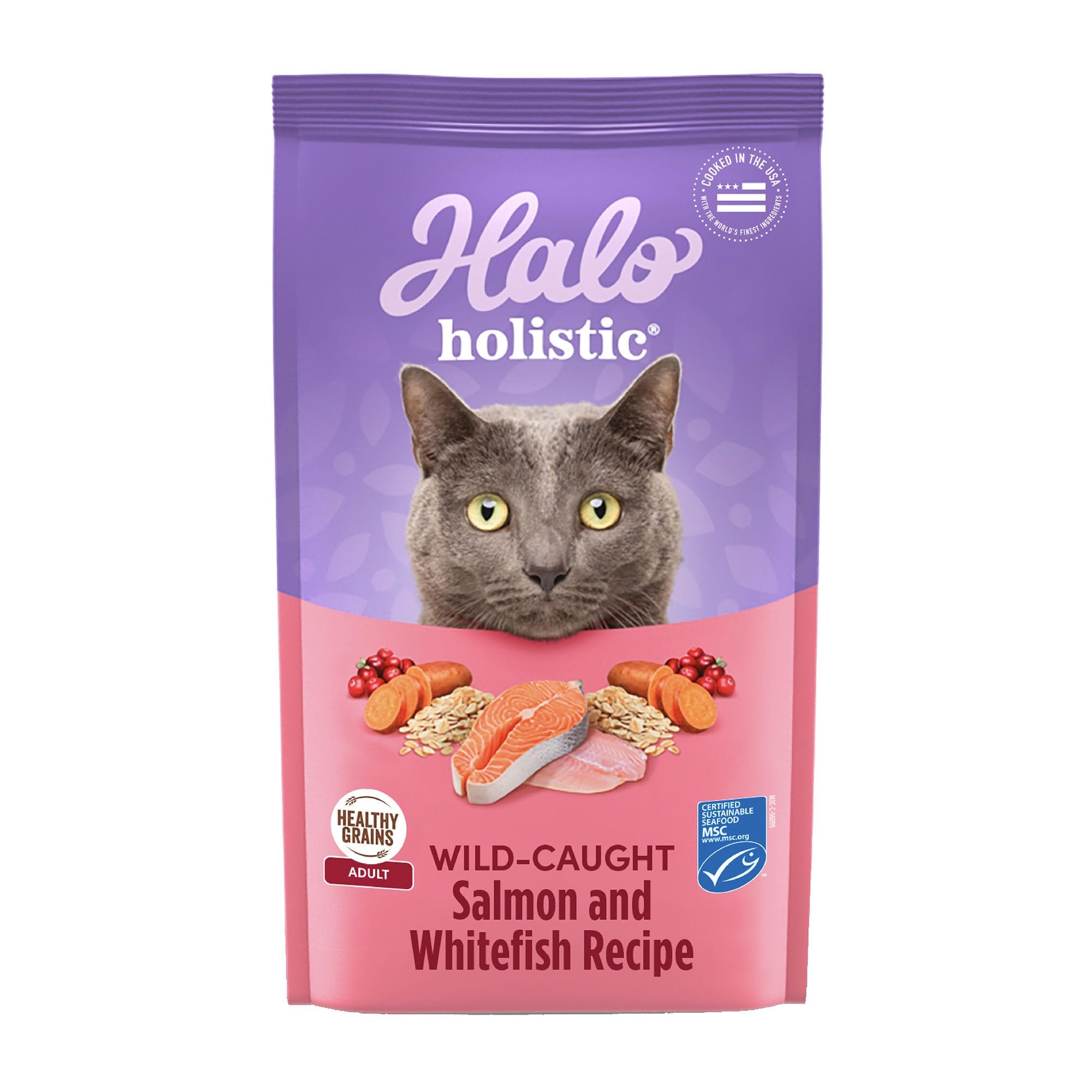 Halo Holistic Cat Food Wild Caught Salmon & Whitefish Formula, Healthy Grains Dry Cat Food, Complete Digestive Health, Kibble fo