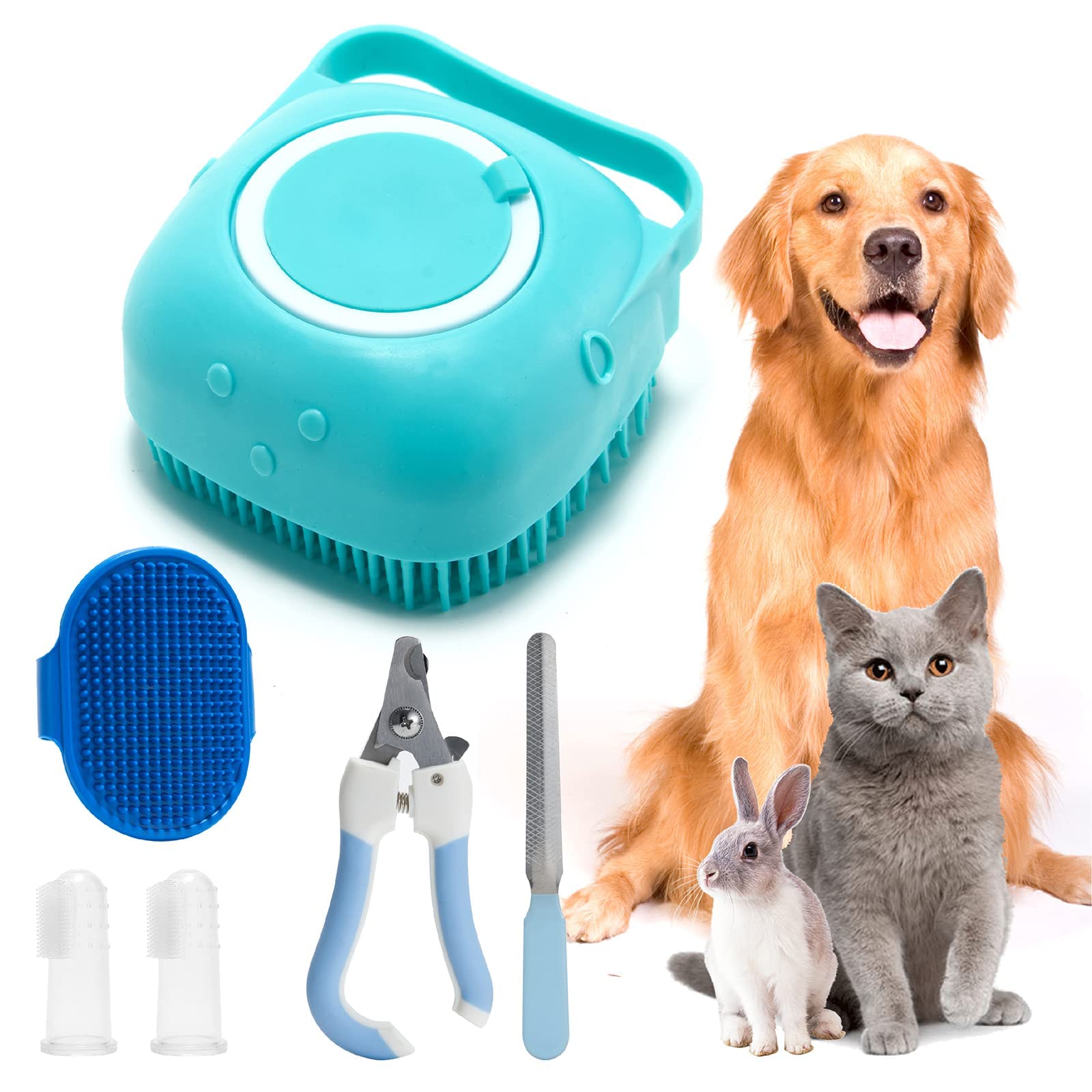 6Pcs Silicone Pet Grooming Set: Bath Massage Dispenser Brush, Finger Toothbrush, Nail Clippers And File For Dogs And Cats