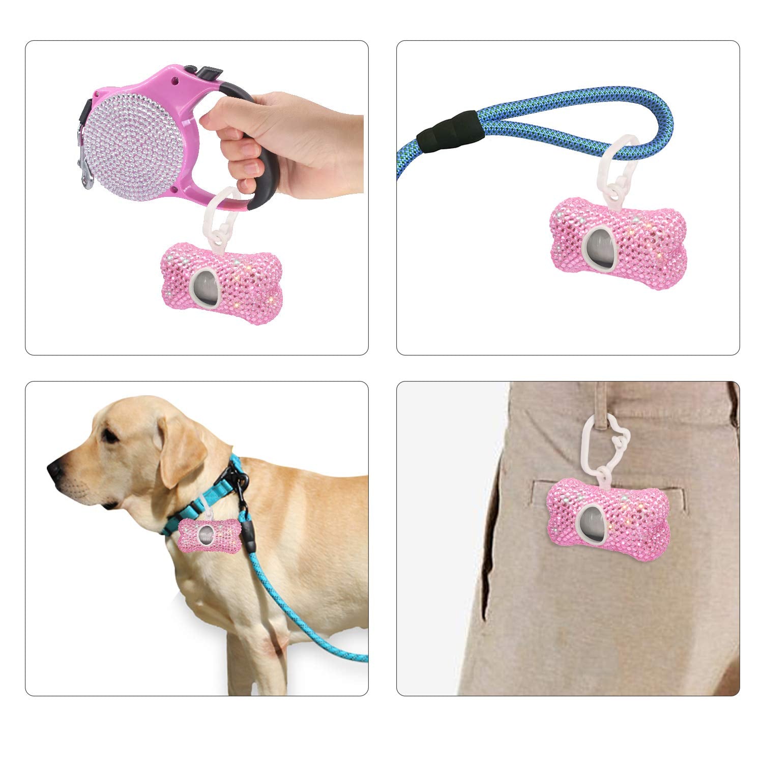 Soleebee Bling Crystal Bone Shaped Pet Waste Bag Dispenser With 1 Roll Waste Bags (Pink)