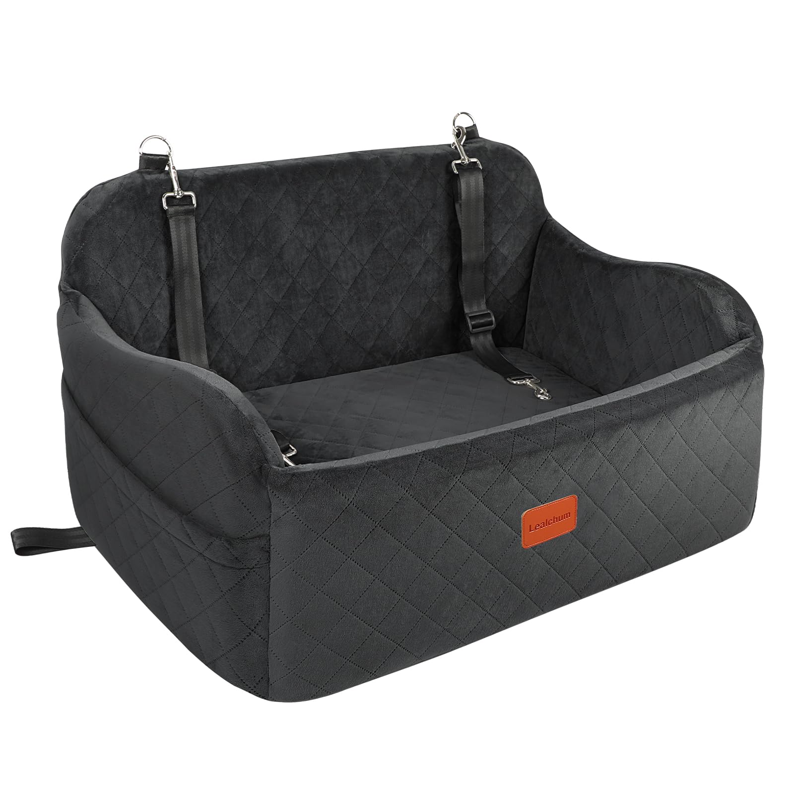 Lealchum Large Dog Car Seat,Memory Foam Cushion Car Seat for 2 Small Dogs,Comfy Car Dog Bed with Side Pocket and 2 Clip-On Safet