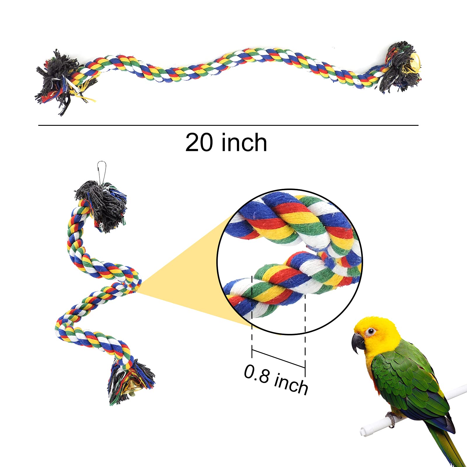 Wishlotus Bird Perches, Parrot Colorful Climbing Rope Swing Toys Parrot Stand With Bell And Hanging Clip For Parrots, Budgies, M