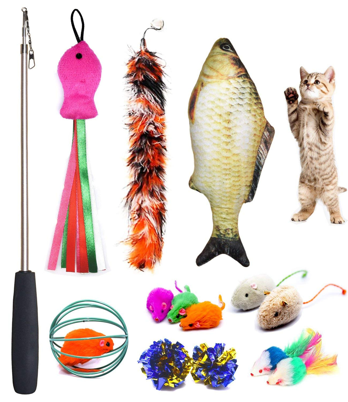 Cat Toys Set, Cat Retractable Teaser Wand, Catnip Fish, Interactive Cat Feather Toy, Mylar Crincle Balls, Two Cotton Mice, Four 