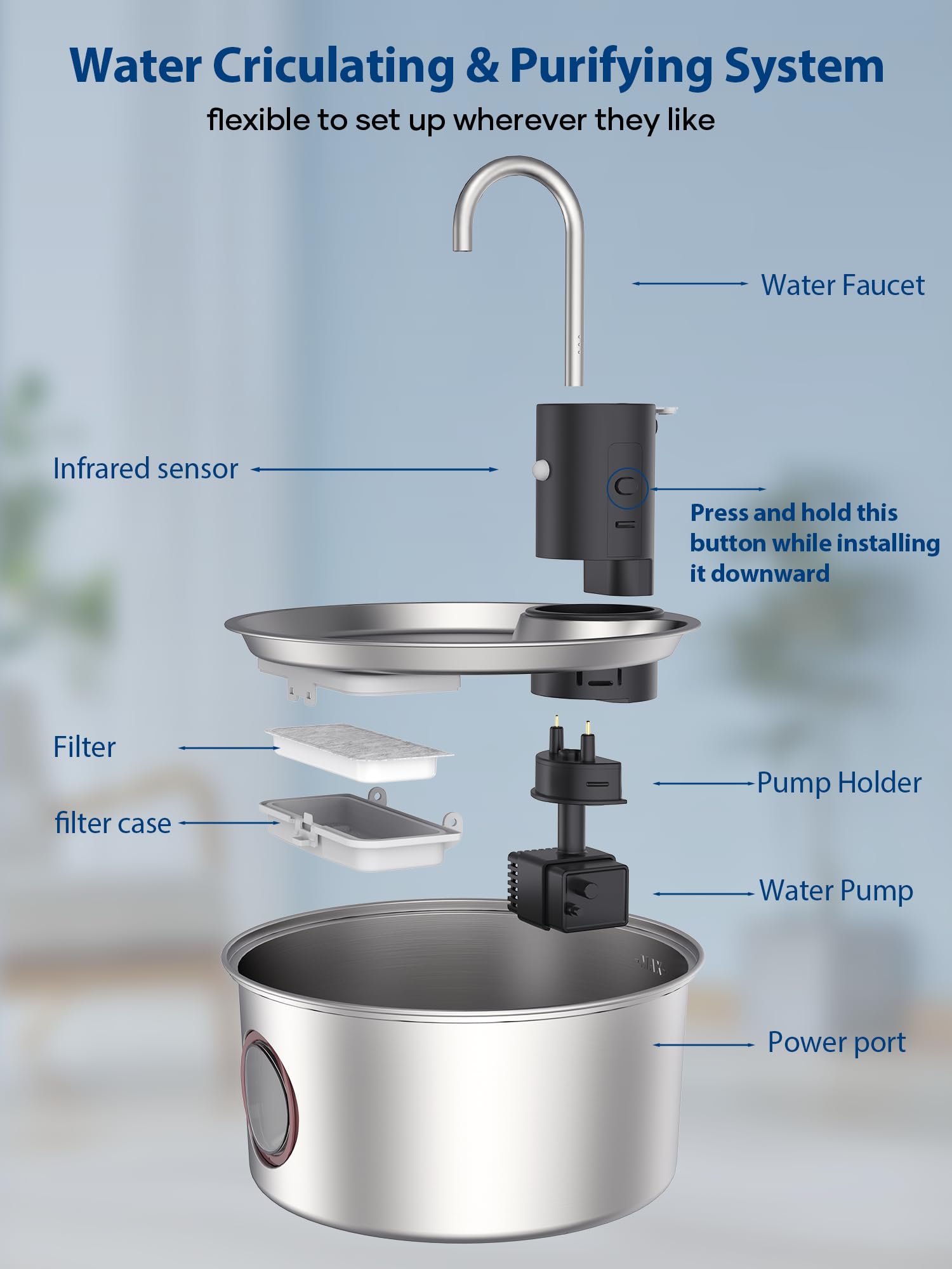 Fwmb Wireless Cat Water Fountain Battery Operated - Stainless Steel Cat Dringking Fountain Cordless,Rechargeable Fountain With S