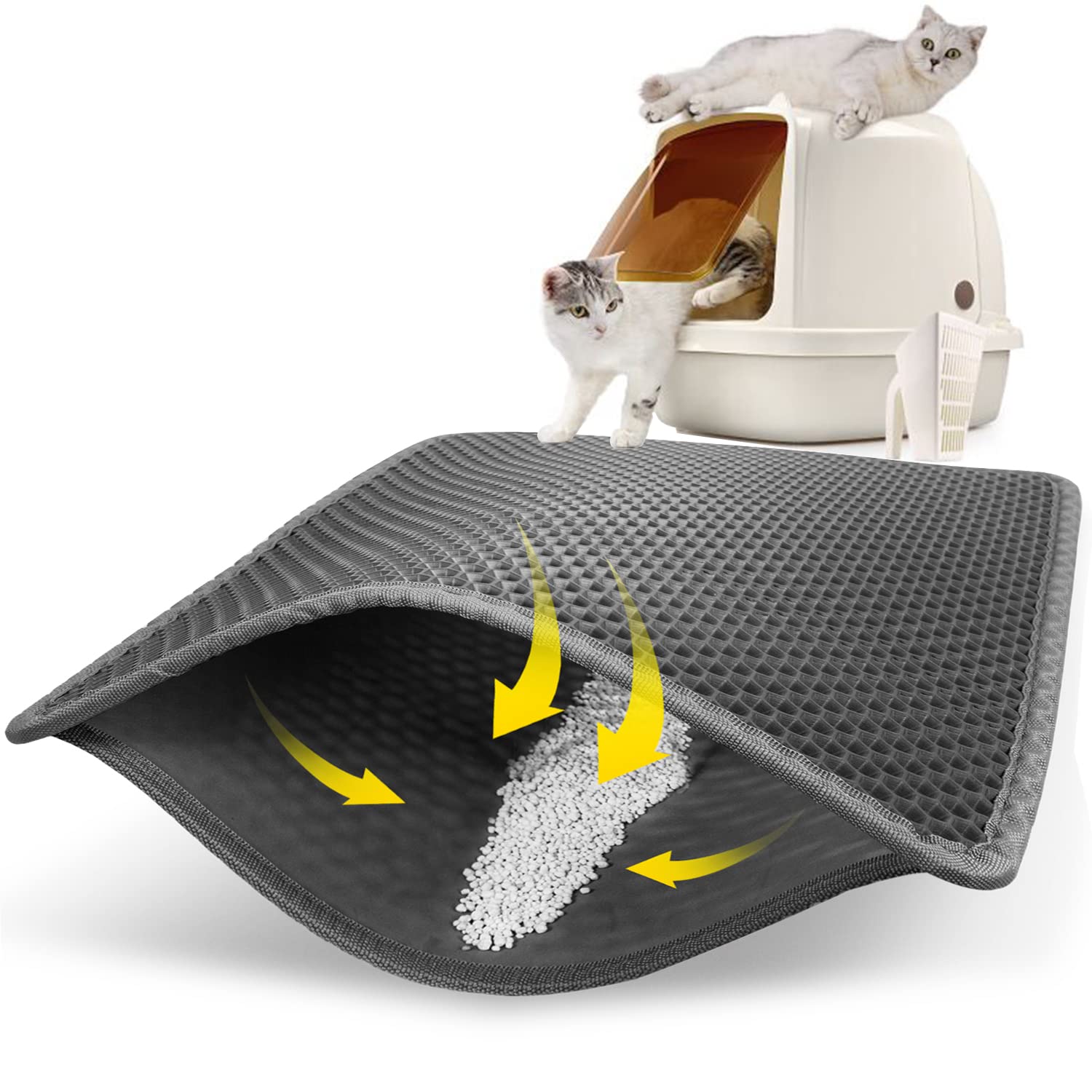 Cat Litter Mat Grey Trapping For Litter Box, Xl Jumbo 30 X 24 In, Urine & Waterproof, Honeycomb Double Layer Anti Tracking Kitty