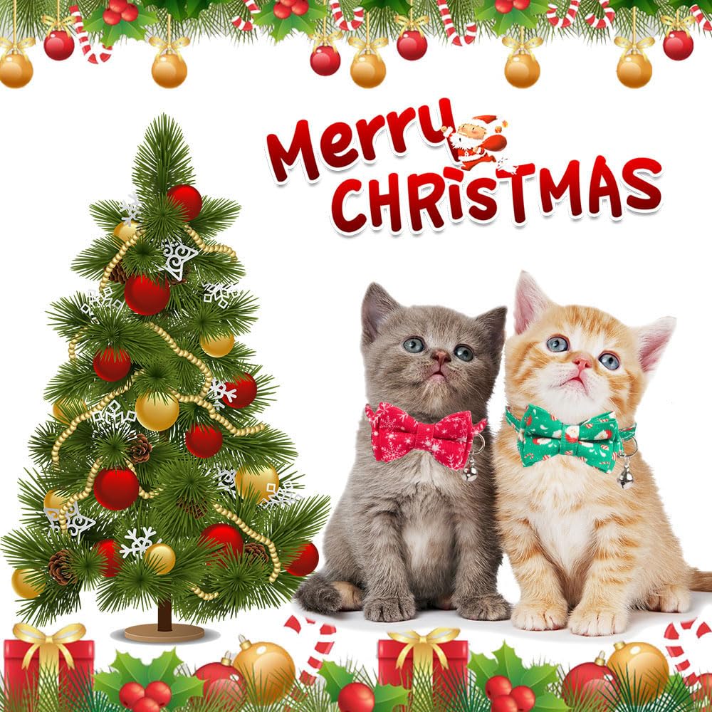 Adoggygo Christmas Cat Collar Breakaway With Bowtie Bell - 2 Pack Christmas Kitten Collar Santa Snowflake Kitten Collar With Rem