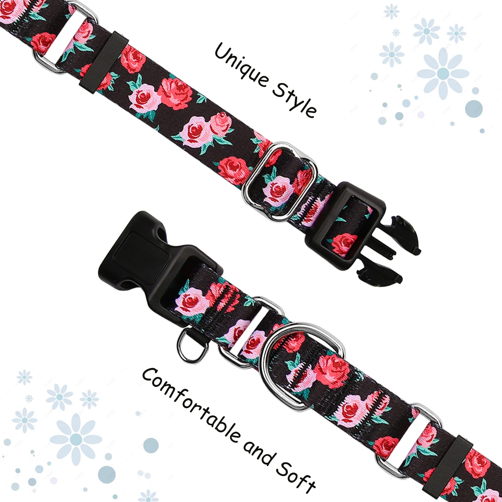 Fidohug Martingale Collar For Dogs Pink Floral Dog Collars For Medium Dogs With Buckle Girl Female Soft Nylon Dog Collar (Black