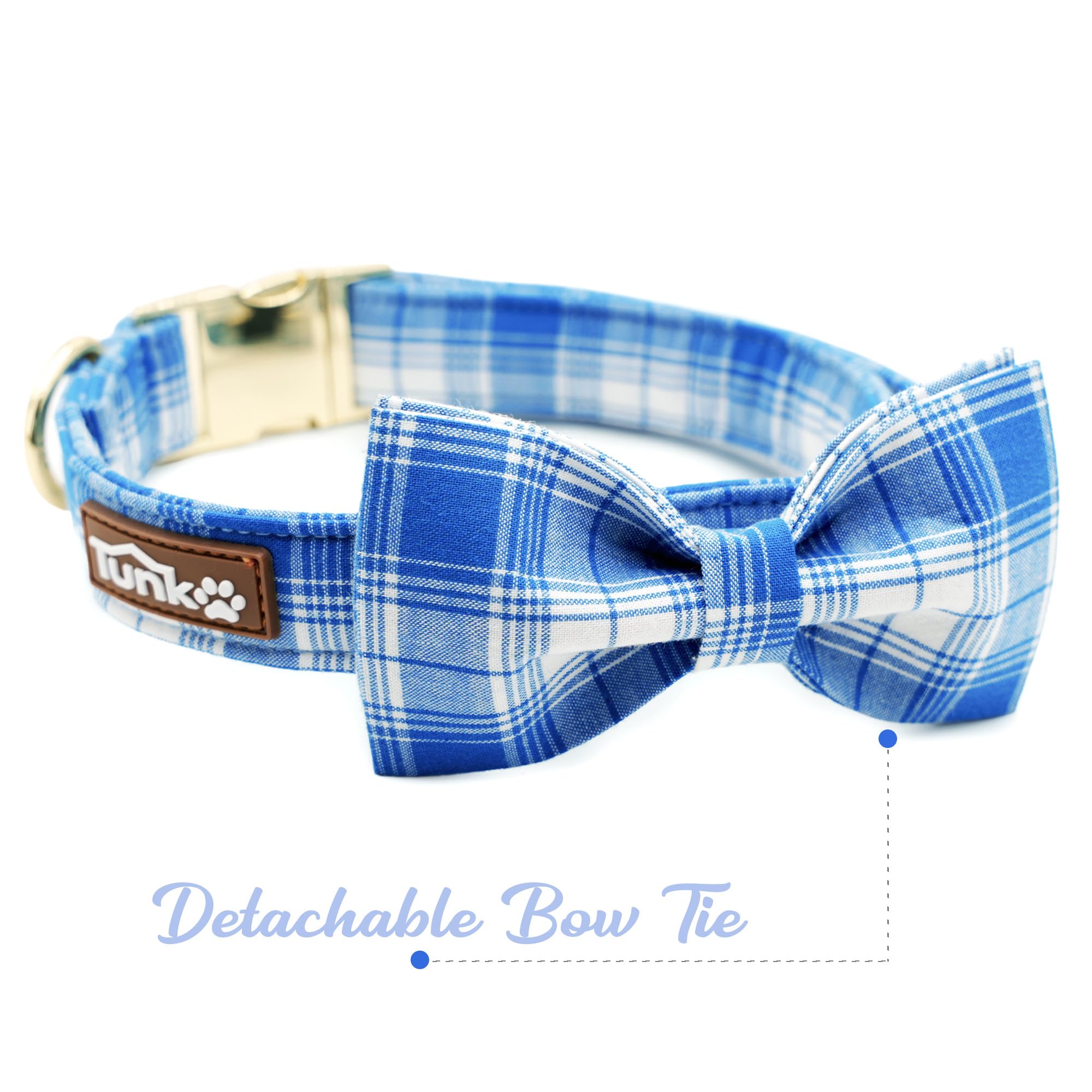 Tunkoo Blue Plaid Dog Collar With Bow Tie - Fashionable Spring Summer Checkered Dog Collar - Adjustable Small Medium Large Colla