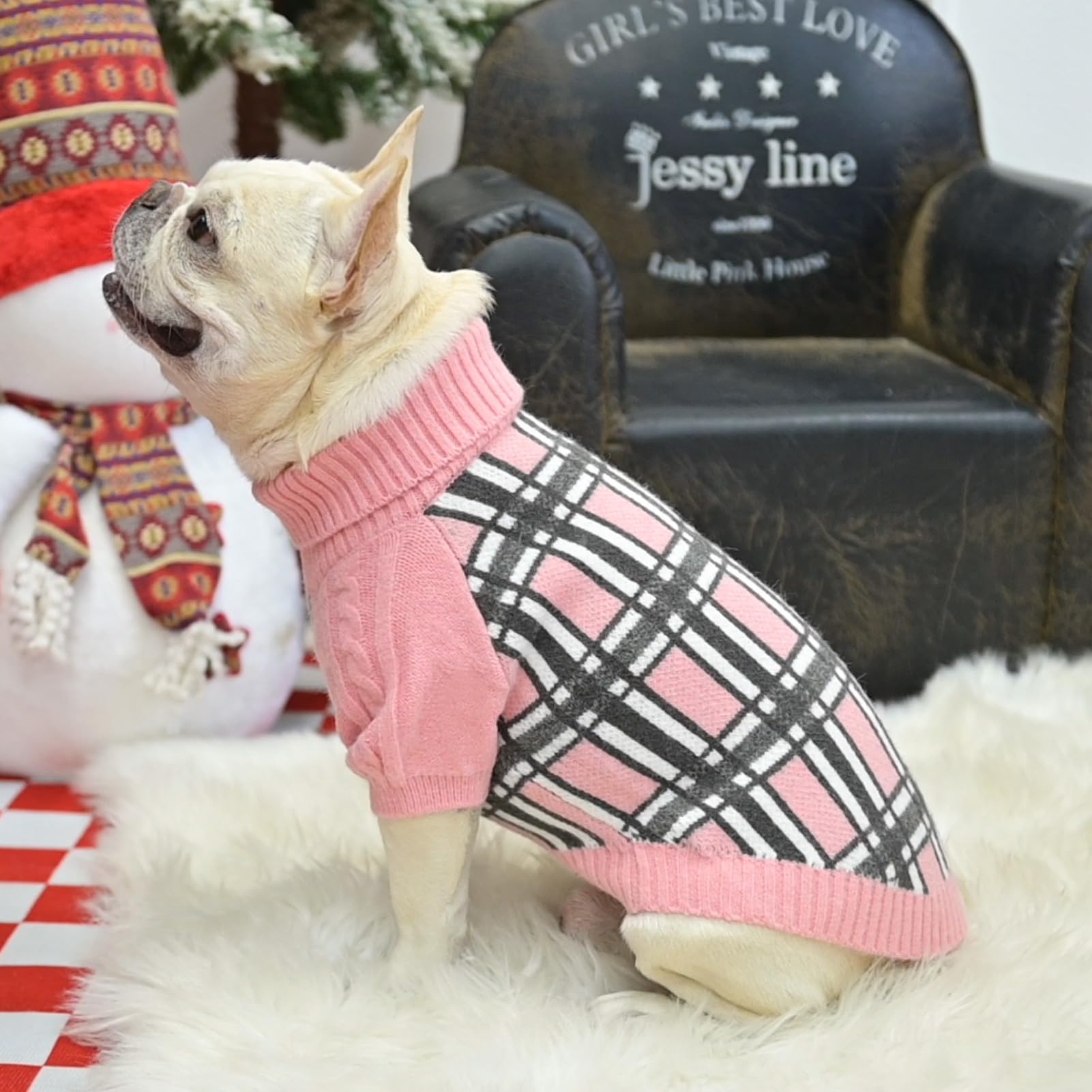 Scenereal Small/Medium Dog Pullover Sweater,Cable Knitwear Dog Sweatershirt For Winter, Classic Plaid Turtleneck Thick Warm Dog