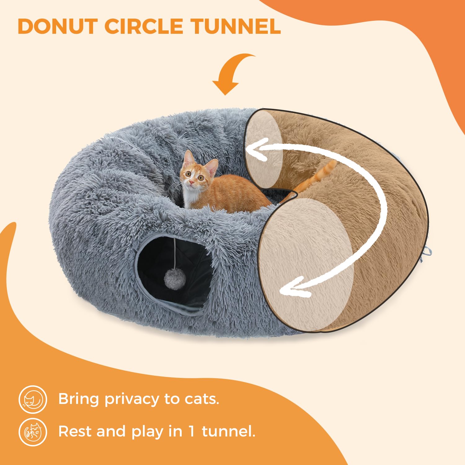 Pawz Road Large Cat Tunnel, Cat Tunnel Bed With Central Soft Mat And Dangling Balls, Collapsible Fluffy Plush Cat Tube (9.8 Inch