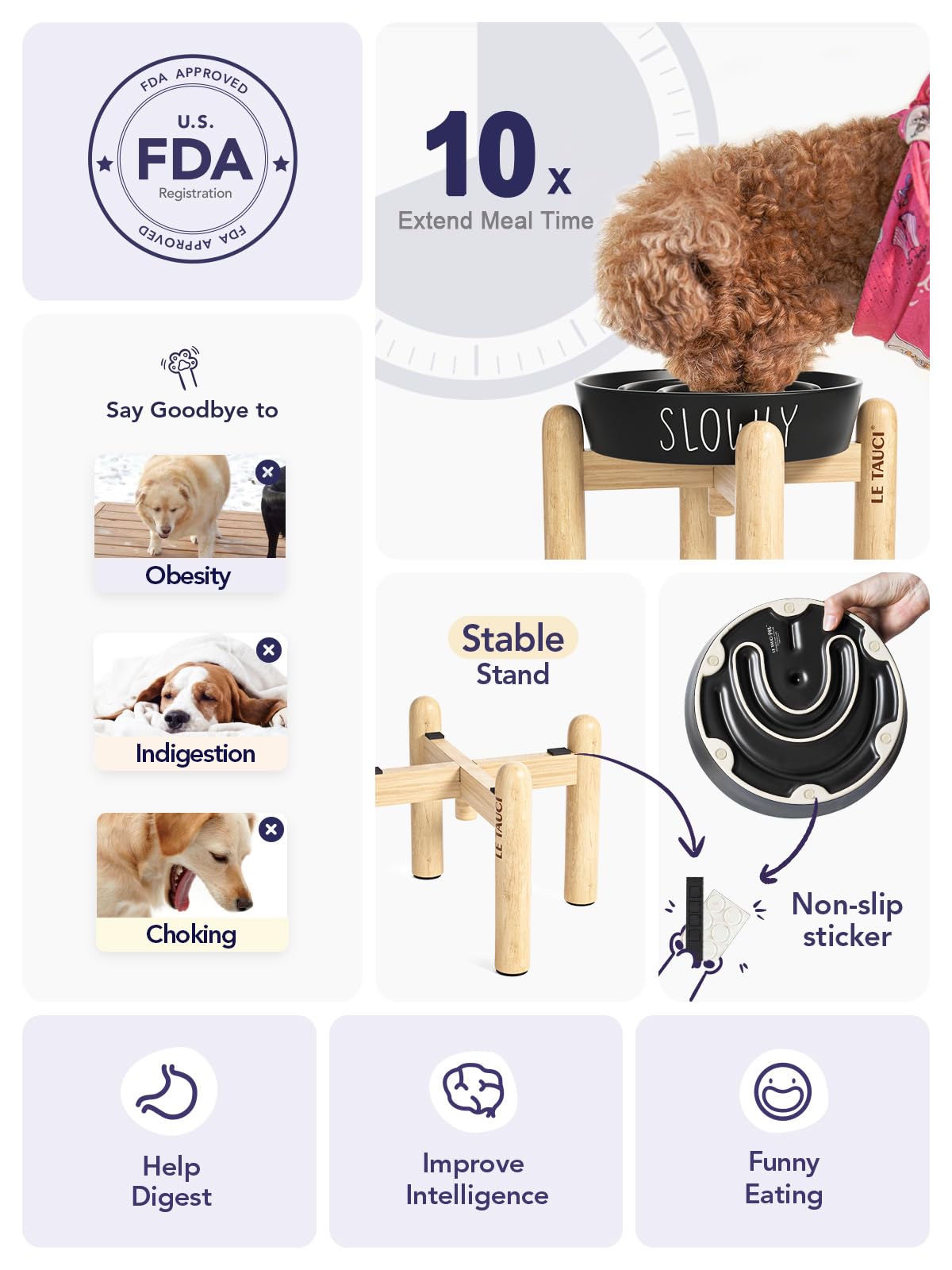 Ceramic Slow Feeder Dog Bowls Elevated, 3 Cups Raised Dog Bowl With Wooden Stand For Medium Large Breed, Dog Dishes To Slow Down