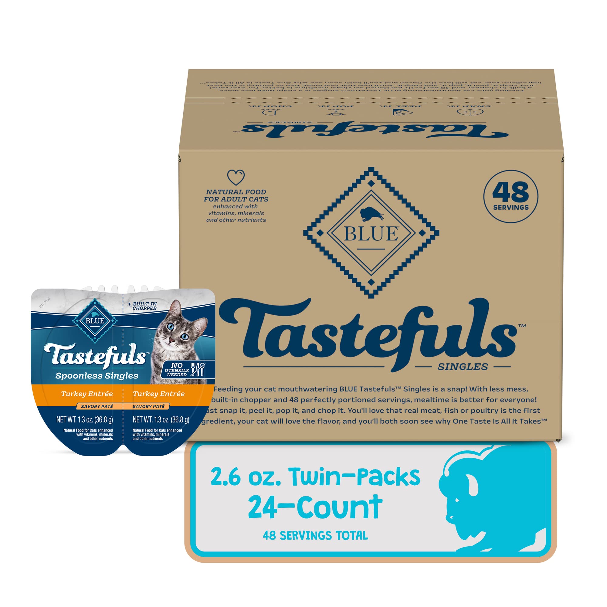 Blue Buffalo Tastefuls Spoonless Singles Adult Pate Wet Cat Food, Turkey Entr  e, Perfectly Portioned Cups in (24) 2.6-oz Twin-P