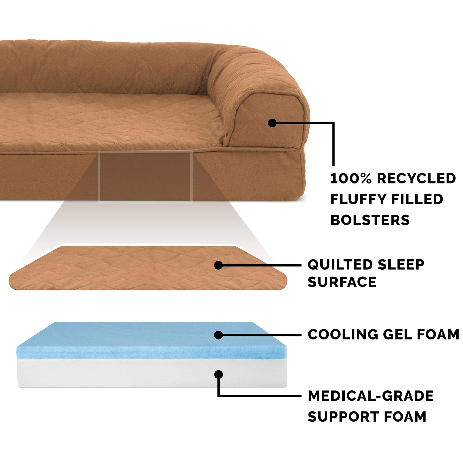 Furhaven Cooling Gel Dog Bed for Large Dogs w/ Removable Bolsters & Washable Cover, For Dogs Up to 125 lbs - Quilted Sofa - Toas