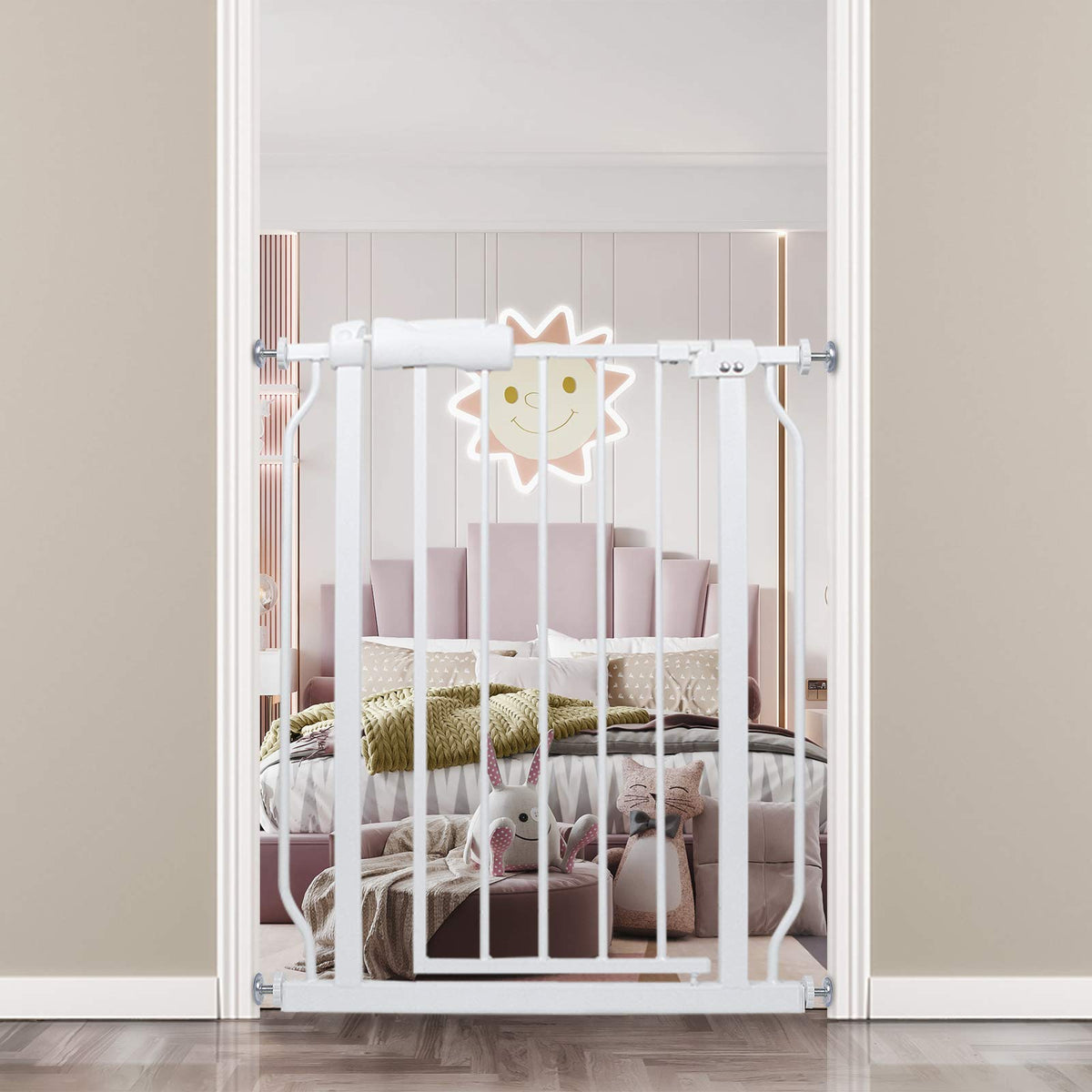 COSEND Narrow Walk Through Baby Gate 24.02-29.13 Inch Wide Auto Close Tension White Metal Child Pet Indoor Safety Gates Pressure