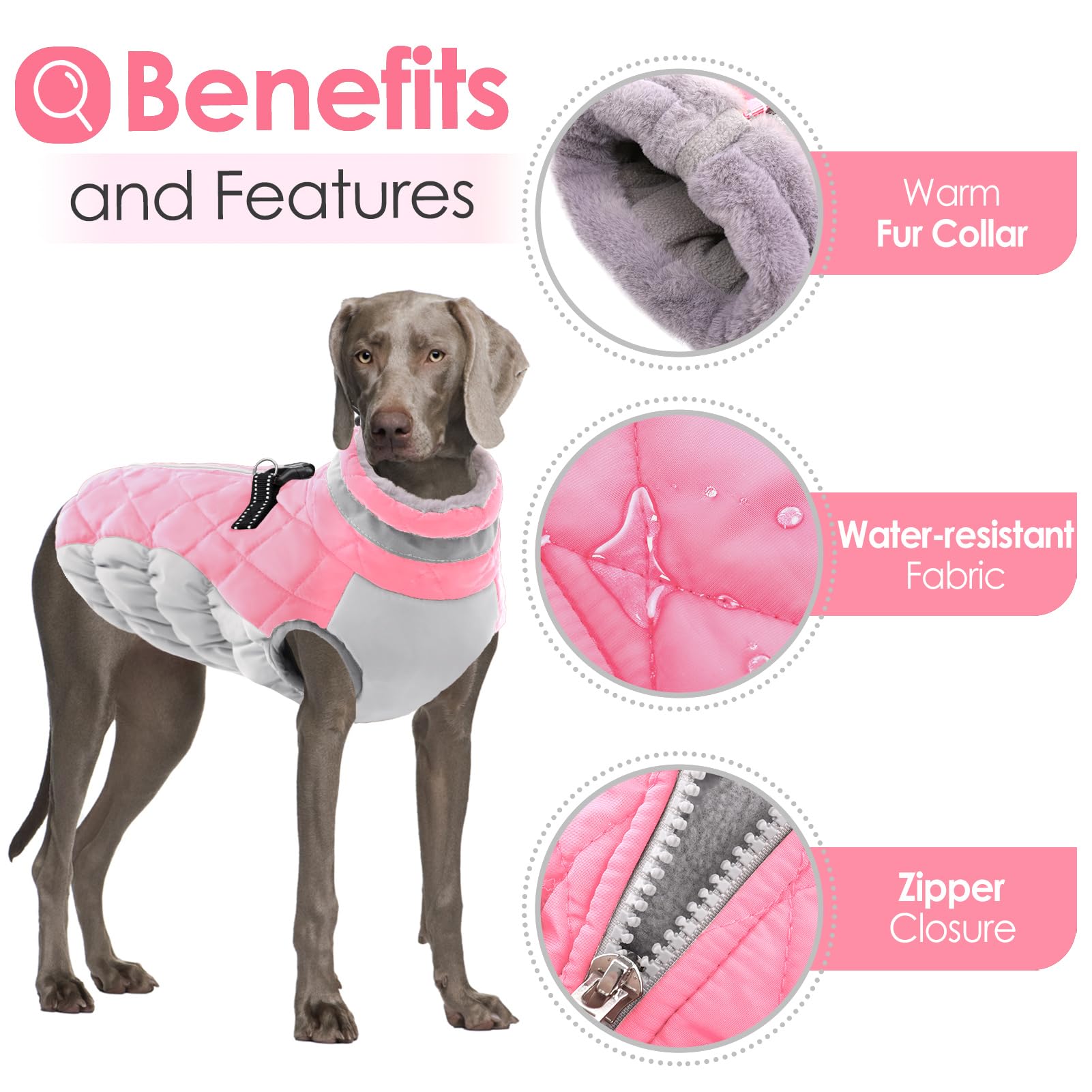 Aofitee Winter Dog Coat Warm Fleece Dog Jacket For Cold Weather, Reflective Zip Up Puppy Dog Snowproof Vest With Leash Ring, Outdoor Pet Sweater Snowsuit Apparel For Small Medium Large Dogs, Pink M