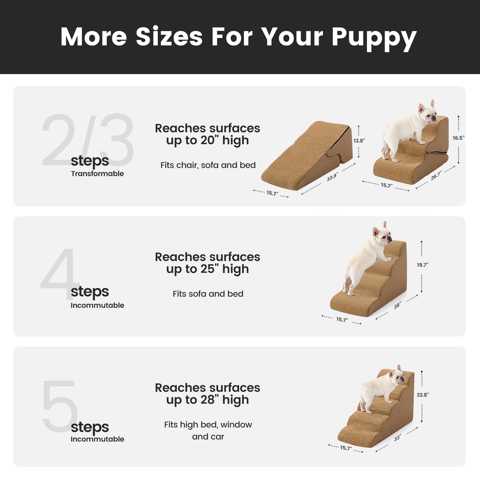 Gardner Pet Dog Stairs for Small Dogs 19.7 H, 4-Step Brown Curved Pet Stairs, Dog Steps for High Bed (18-24 in), Couch with Dura
