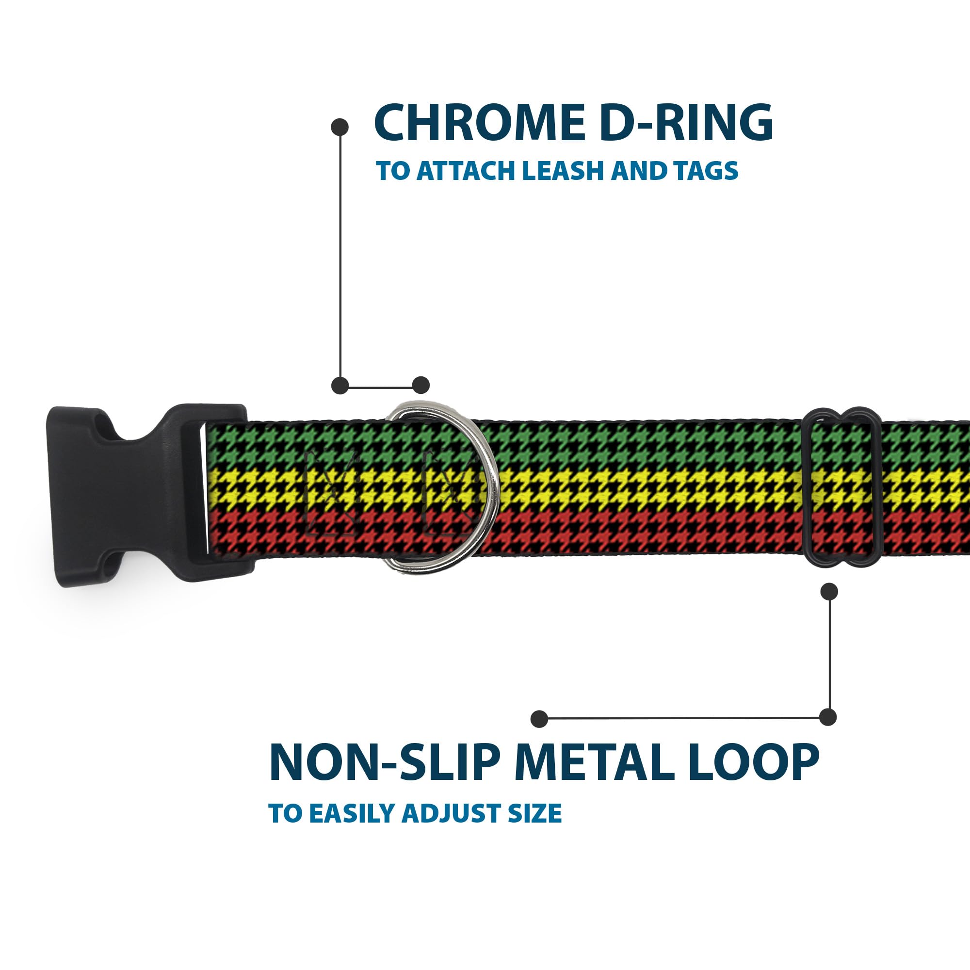 Buckle-Down Plastic Clip Collar - Houndstooth Black/Rasta - 1' Wide - Fits 15-26' Neck - Large