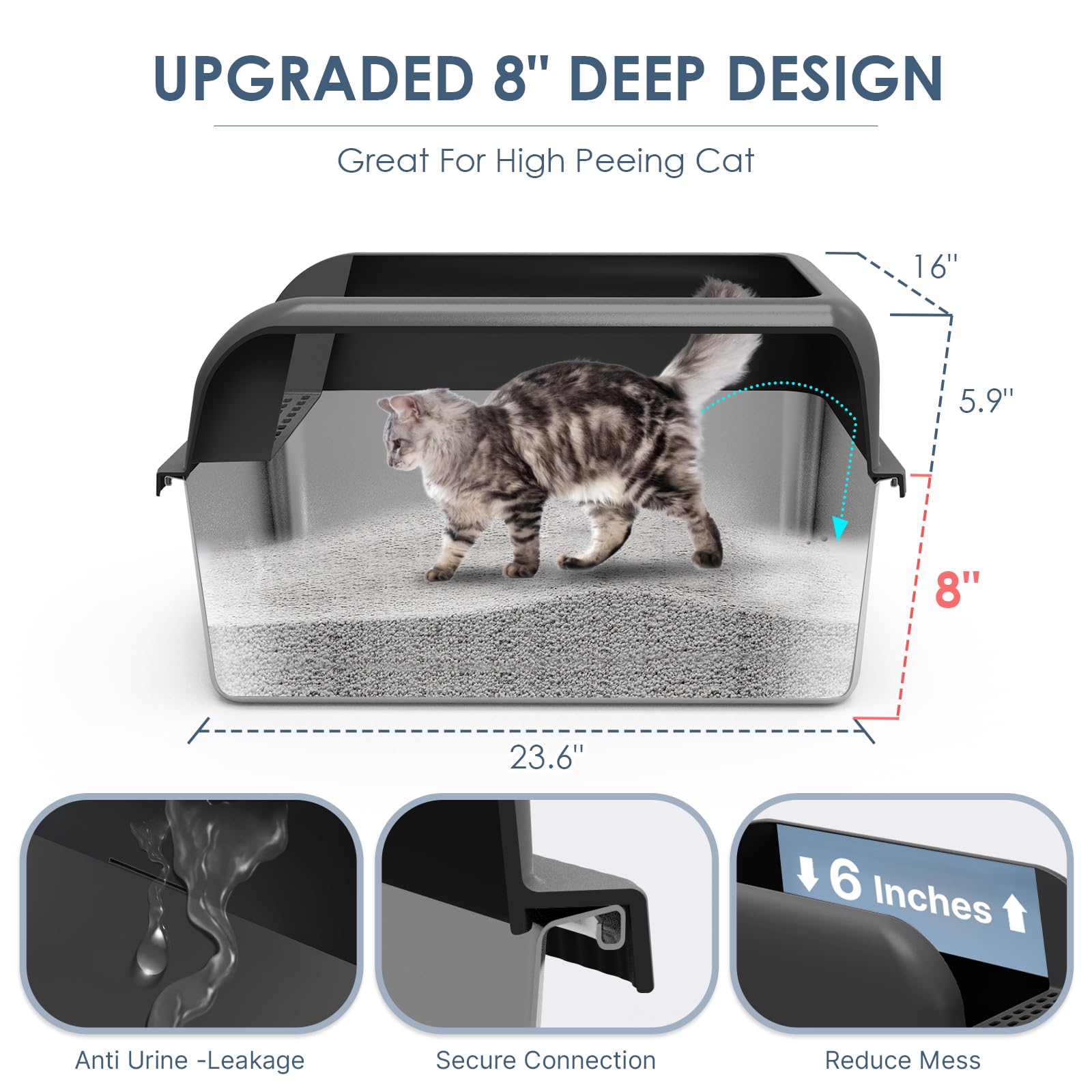 Suzzipaws 8 Deep Stainless Steel Litter Box with Lid Extra Large Cat Litter Box for Big Cats XL Metal Litter Pan Tray with High