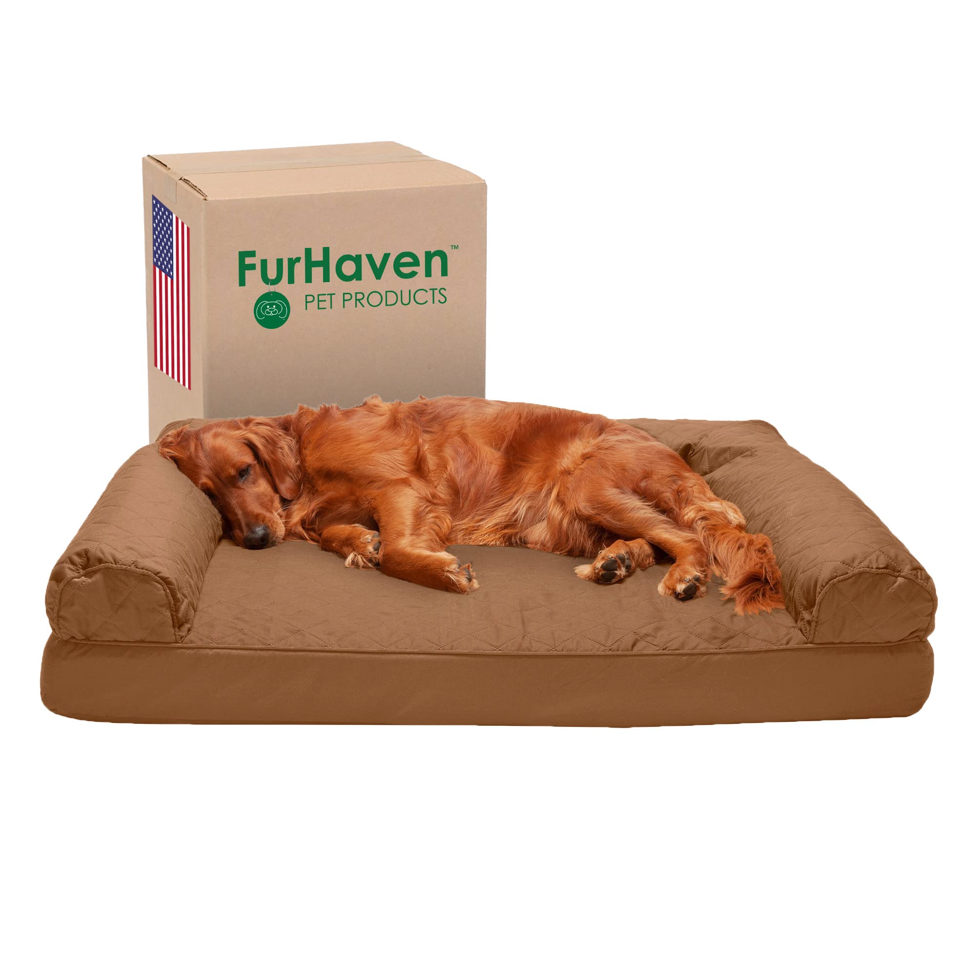 Furhaven Orthopedic Dog Bed For Large Dogs W/ Removable Bolsters & Washable Cover, For Dogs Up To 95 Lbs - Quilted Sofa - Toasted Brown, Jumbo/Xl