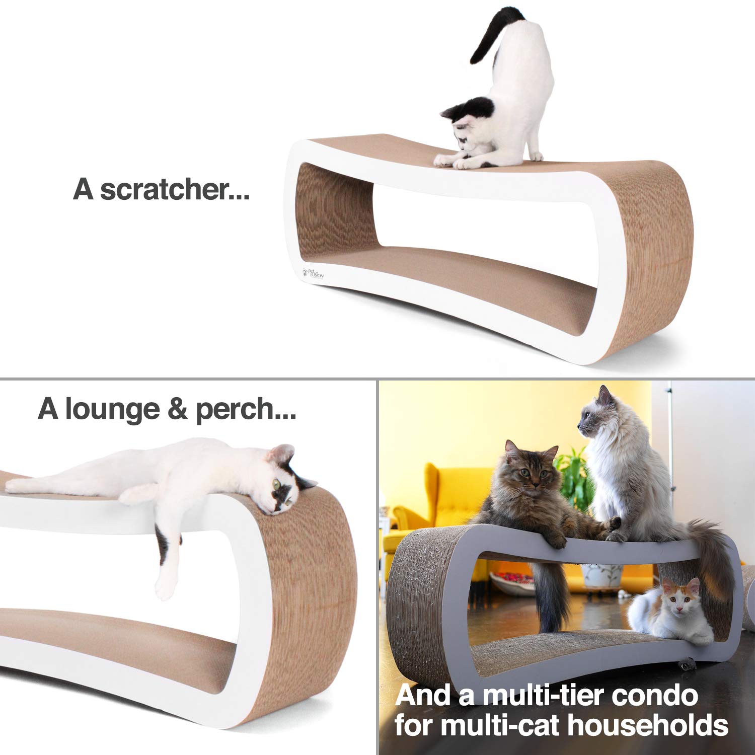 PetFusion Jumbo Cat Scratcher Lounge, White. 39 x 11 x 14 inch 4 Cardboard Scratching Surfaces and 2 Levels, Scratch, Play, Perc