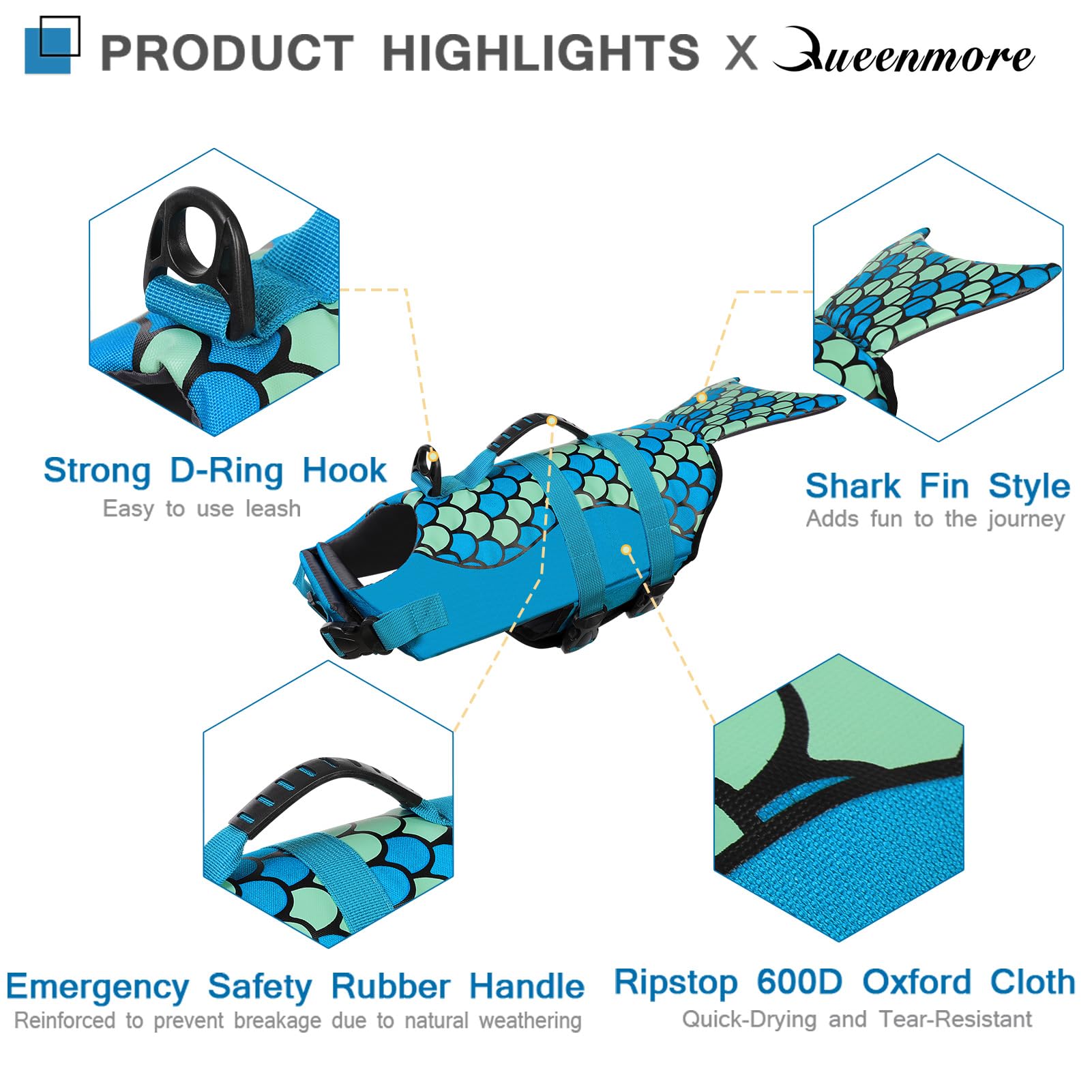 Queenmore Mermaid Dog Life Jacket, Dog Life Vest For Swimming, Dog Floating Vest, Lightweight Dog Swimming Vest, High Buoyant Do