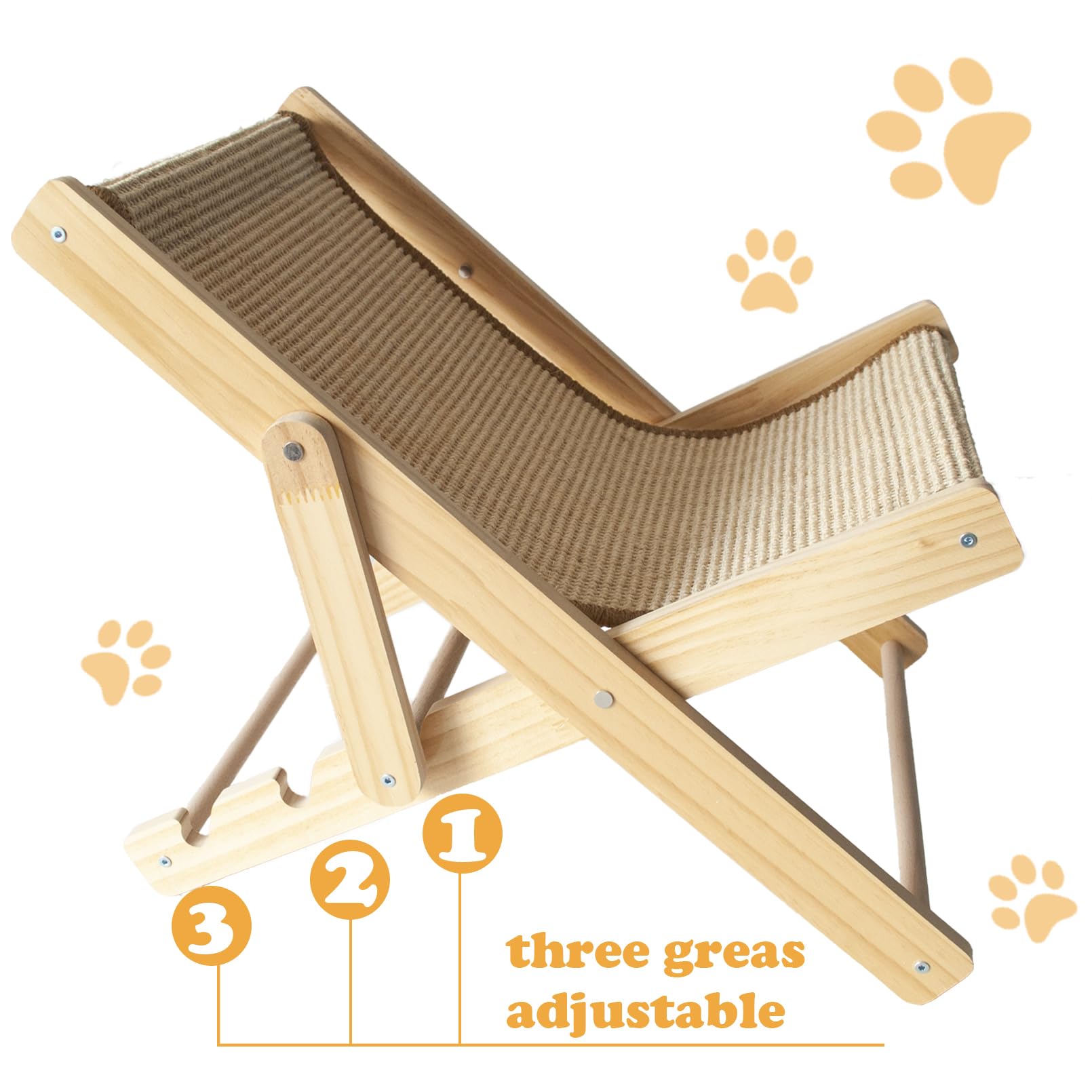 Muyg Sisal Cat Chair For Sunbathing,Adjustable Wooden Cat Lounge Chair With Sisal Mat Scratcher 3 Height Beach Kitty Hammock Bed