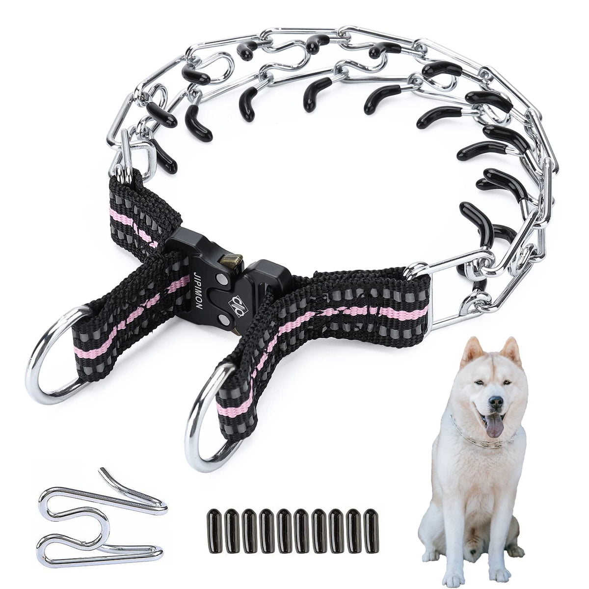 Jipimon Prong Collar For Dogs Adjustable No Pull Dog Choke Pinch Training Collar With Comfortable Rubber Tip For Small Medium Large Dogs (Large, Pink)