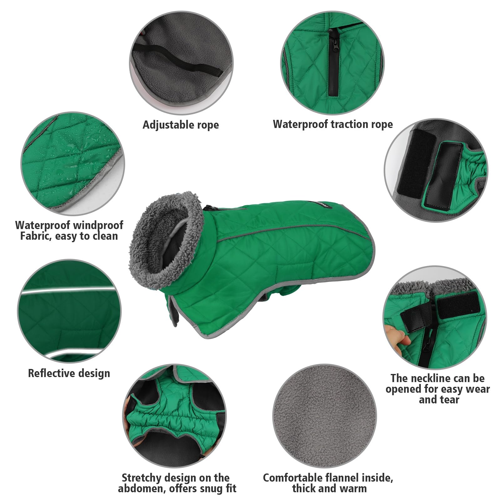 Fragralley Waterproof Dog Coat Small - Warm Fleece Lining, Adjustable Reflective Winter Jacket, Green, Model TC2011
